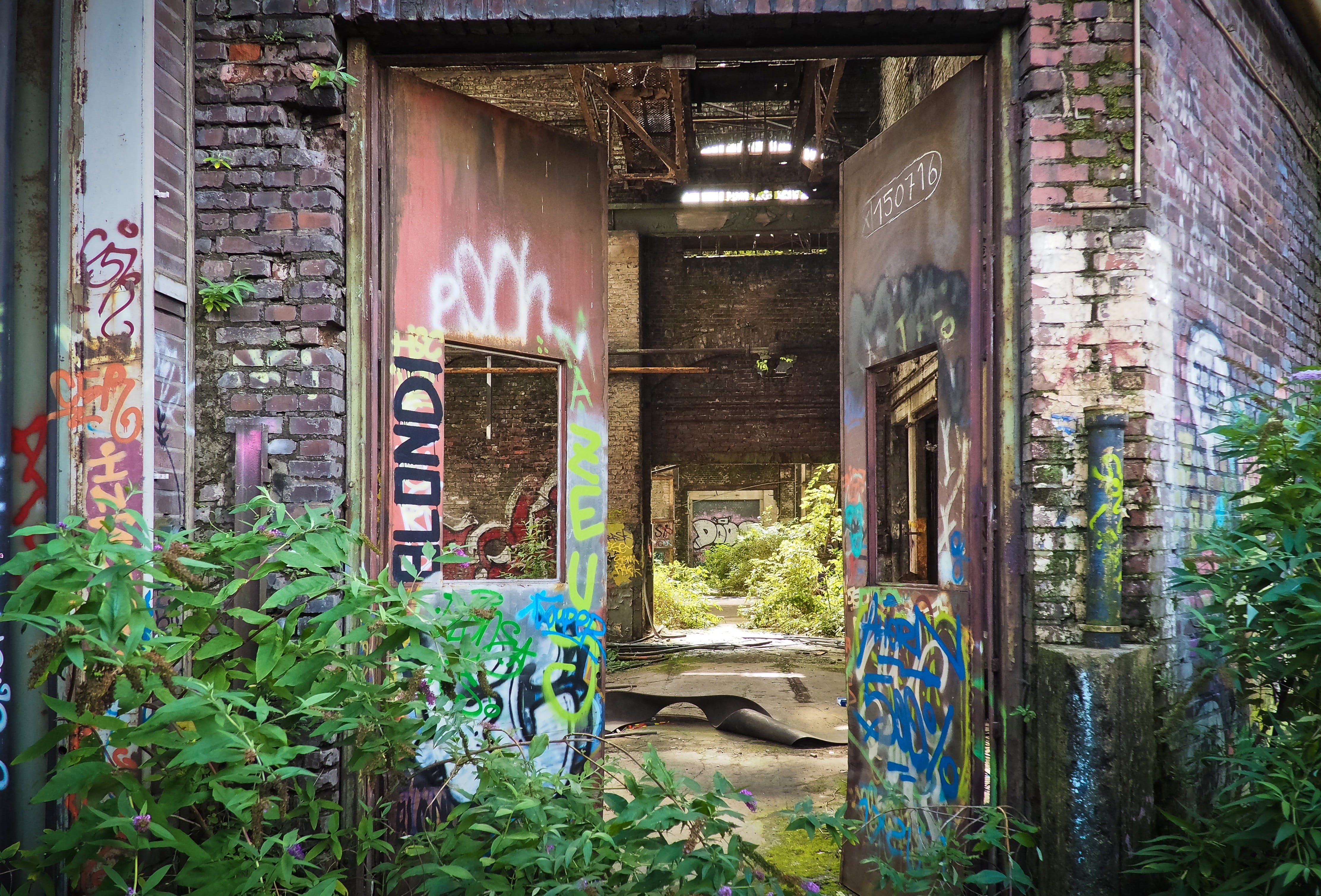 by looking, atmosphere, brown, factory building, brick wall, wall - building feature, alley, run down, dirty, neglected, broken, weird, plant, old building, HD Wallpaper