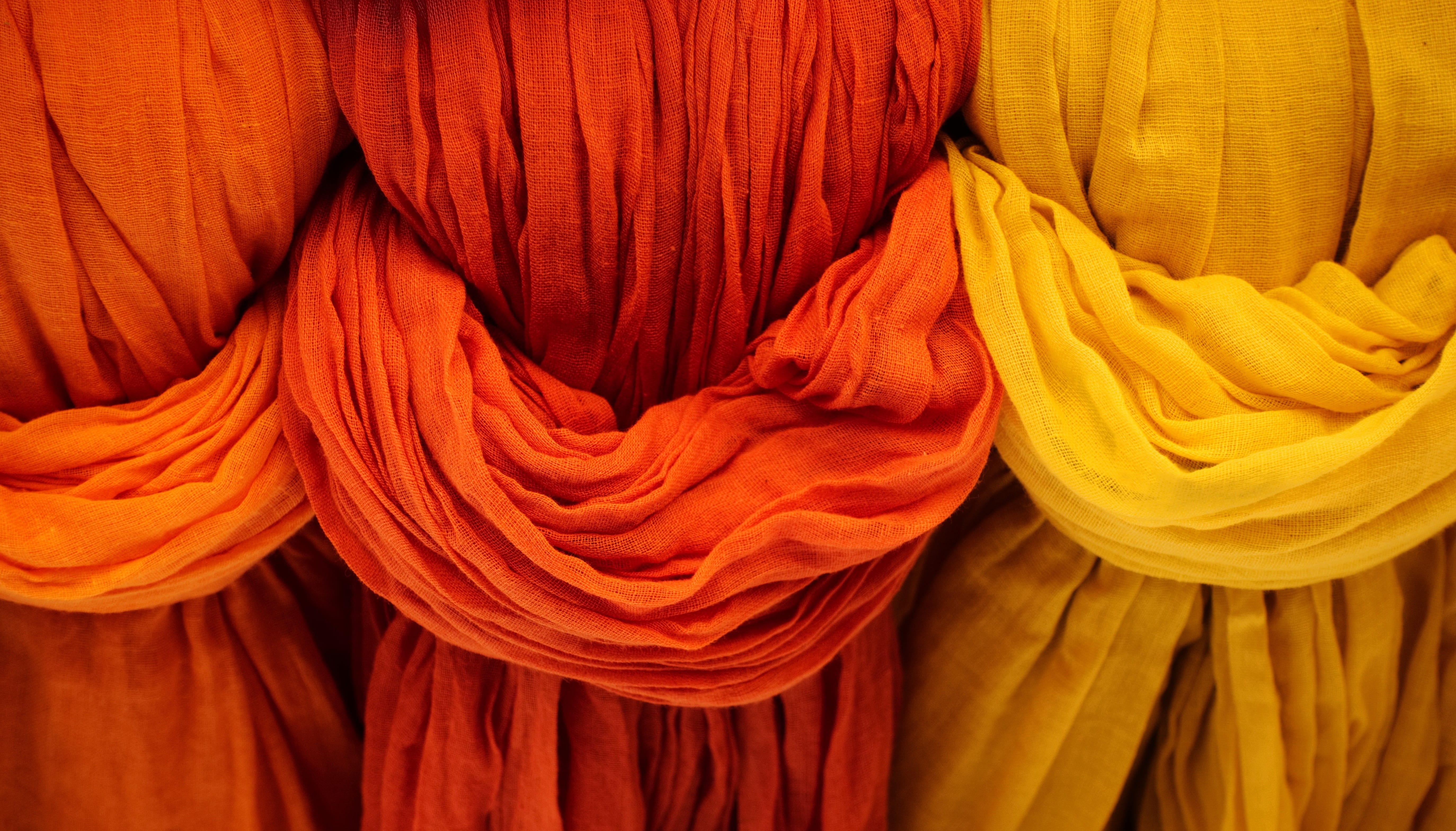 large group of objects, vibrant, cotton, orange color, close-up, backgrounds, textile, red, clothing, laundry, drape, orange, cloth, yellow, crease, indoors, HD Wallpaper
