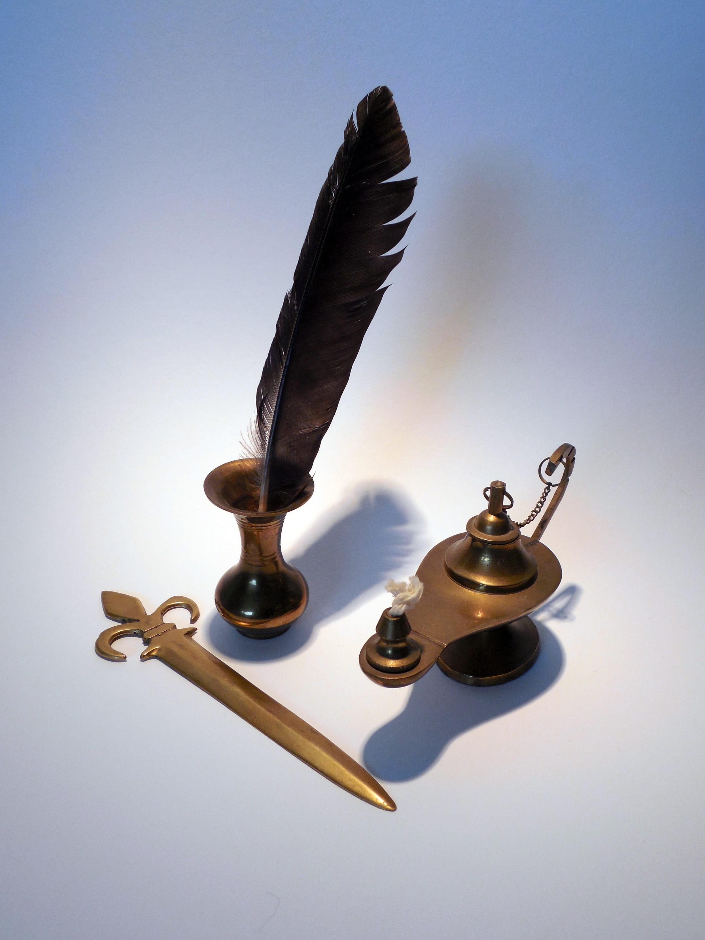 paper knife, manuscript, bird, animal, ink Well, music, animal themes, table, spring, metal, history, copy space, oil lamp, white background, pen, quill Pen, Phone HD Wallpaper