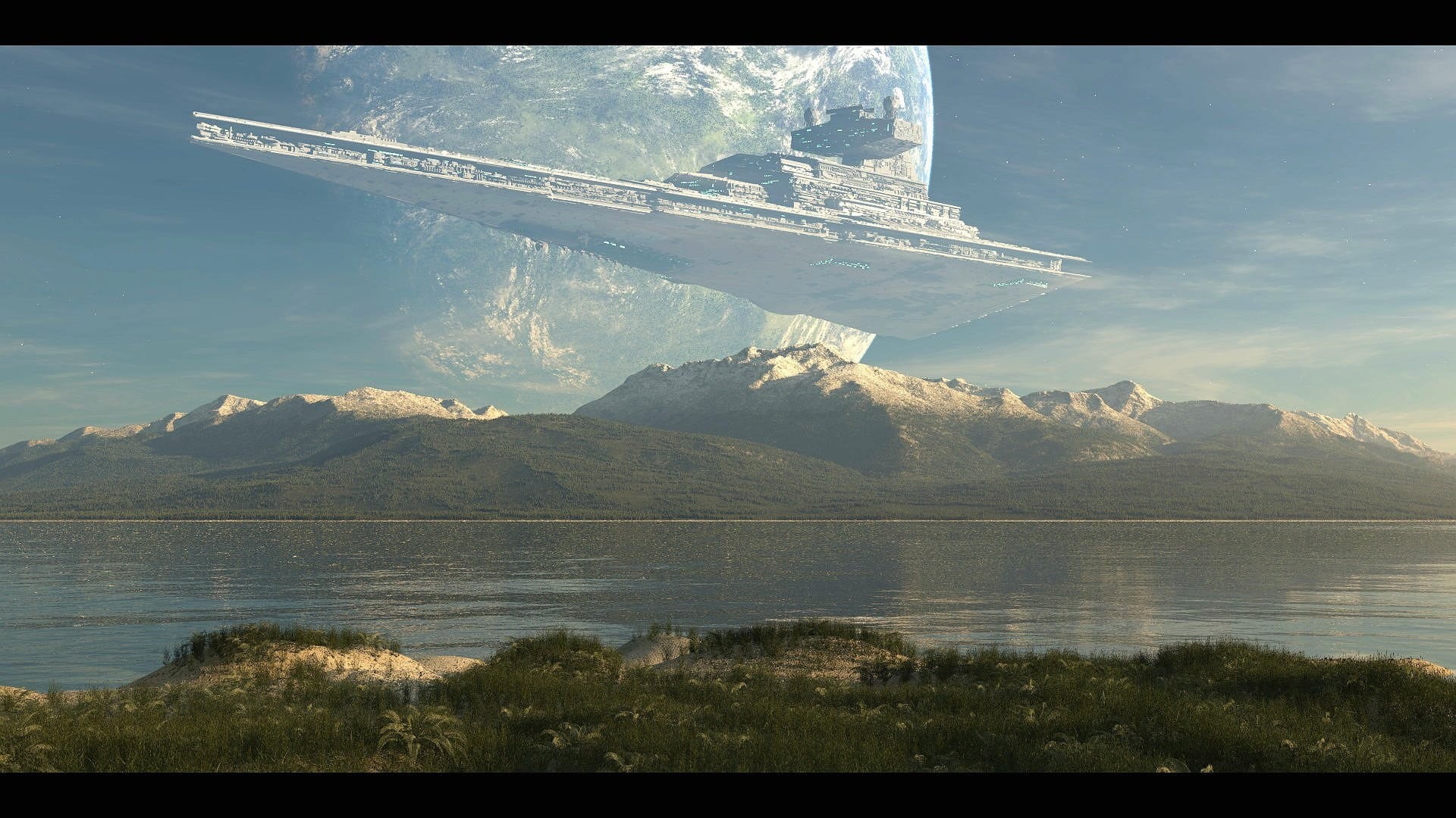 tranquil scene, beauty in nature, stars, planet, mountain peak, water, outdoors, mountain range, Star Destroyer, reflection, idyllic, sky, transfer print, HD Wallpaper