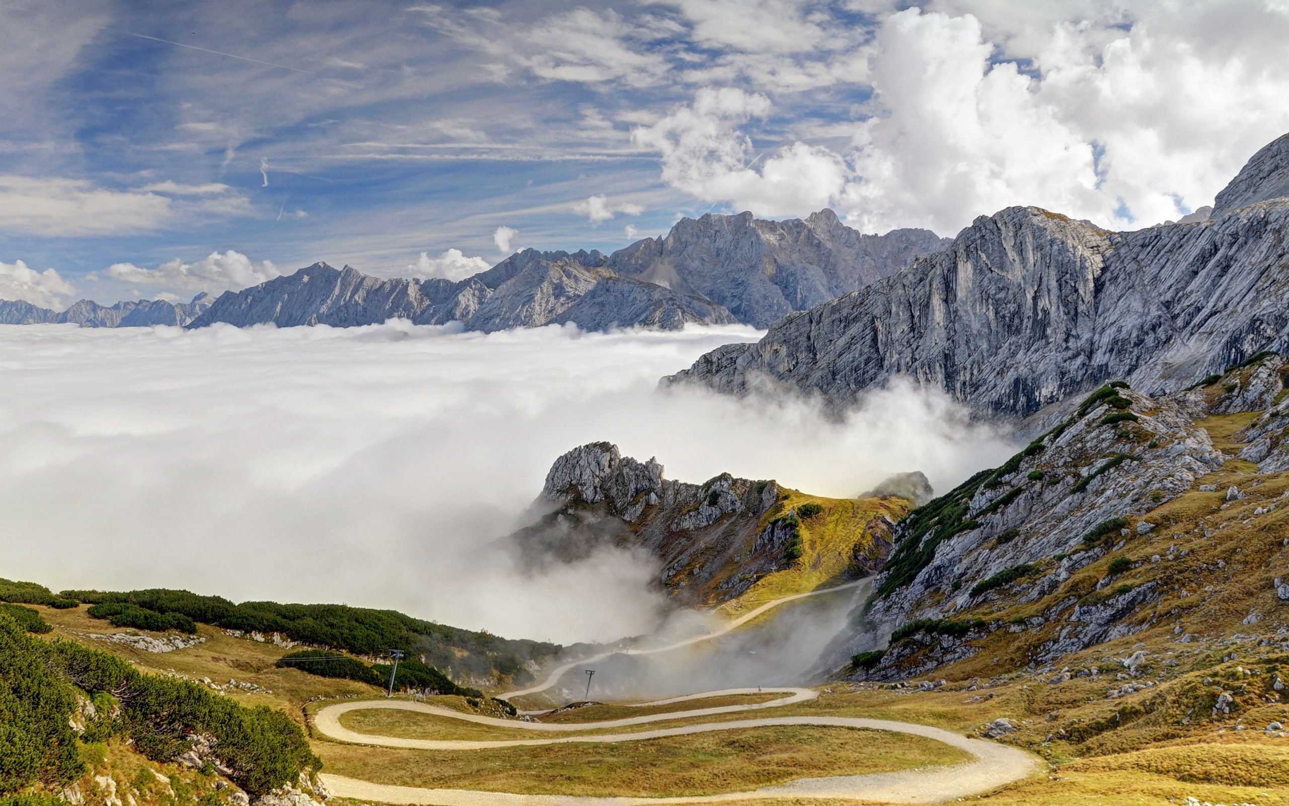 Sky, Road, Trees, Clouds, block, fault, 2K, Alps, Bavaria, Germany, Mountains, HD Wallpaper