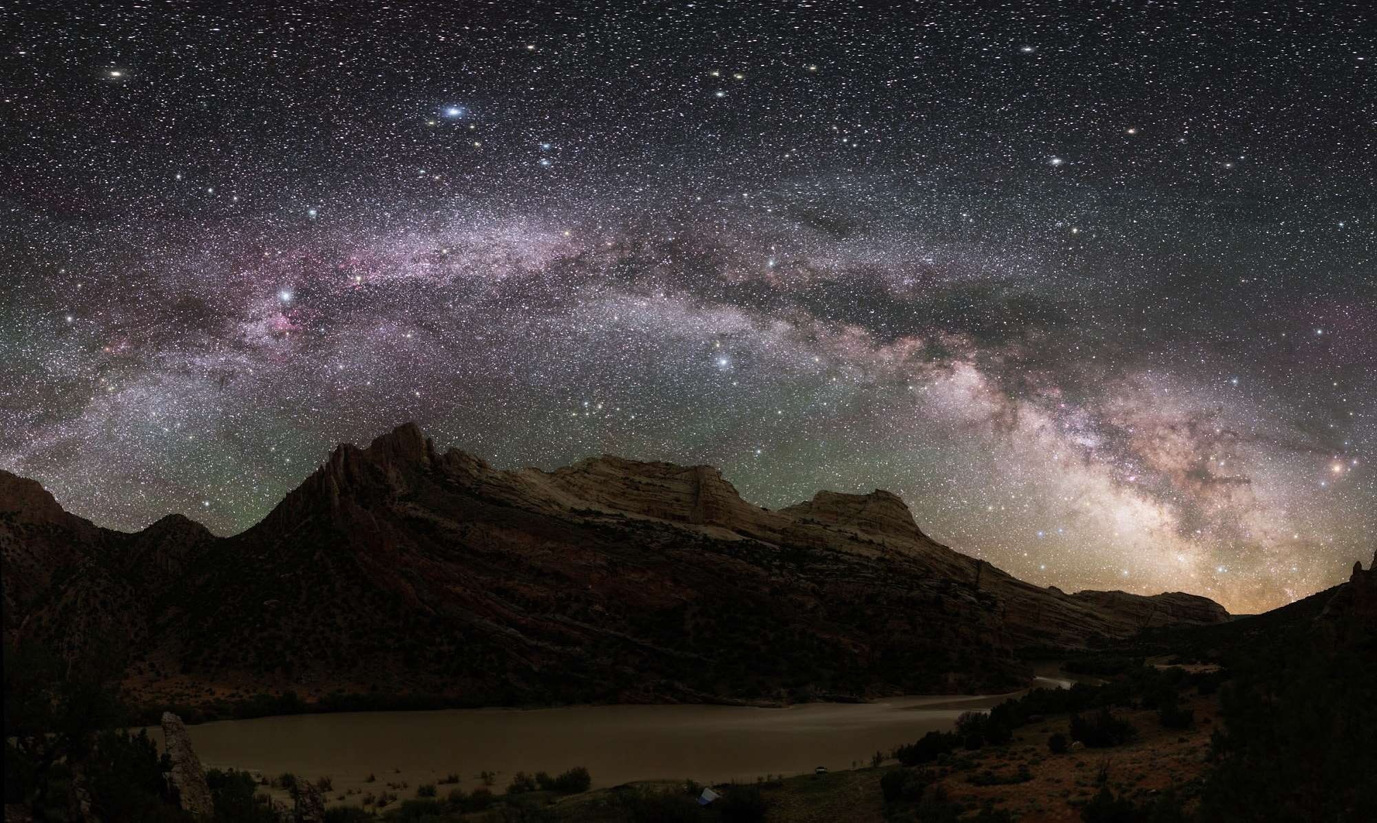 milky way, lights, mountain range, tranquility, star - space, utah, panorama, stars, bright, night, 1080P, scenic, mitten park fault, usa, dinosaur national monument, HD Wallpaper