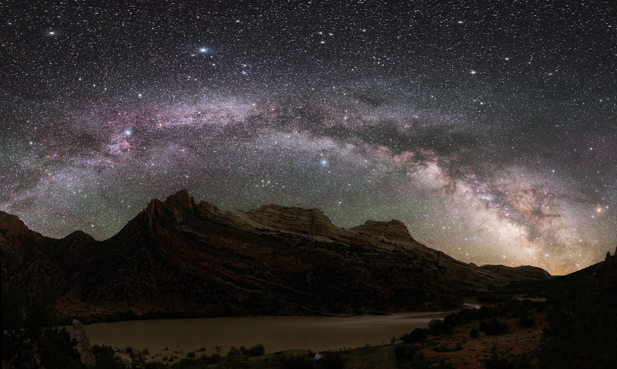 lake, tranquil scene, mountain peak, space, outdoors, photo, panorama, night, galaxy, stars, tranquility, bright, landscape, night sky, mountain range, HD Wallpaper