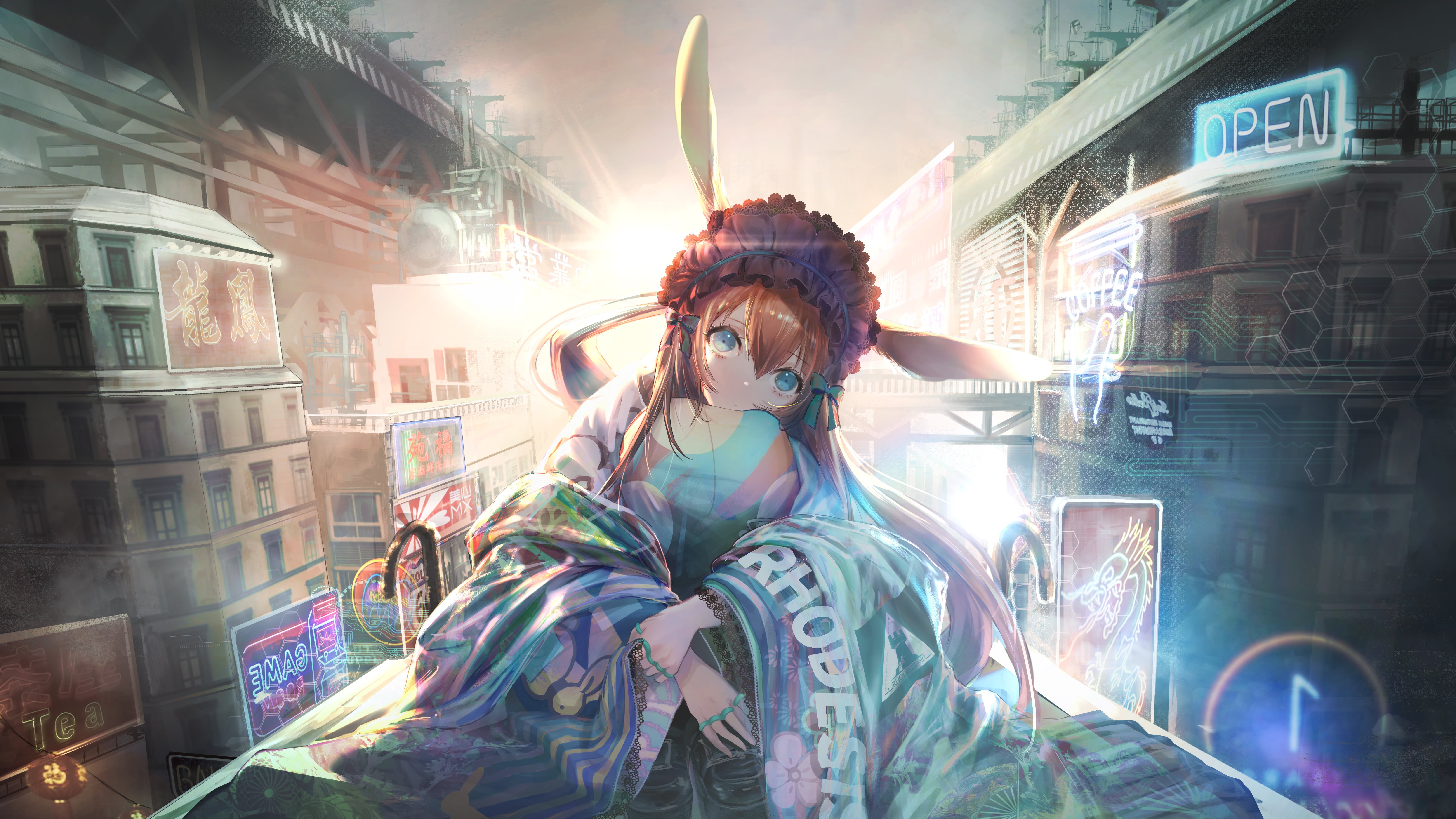 city, anime, bunny ears, anime girls, 5K, bridge, Amiya (Arknights), Arknights, blue eyes, long hair, neon sign, brunette, HD Wallpaper