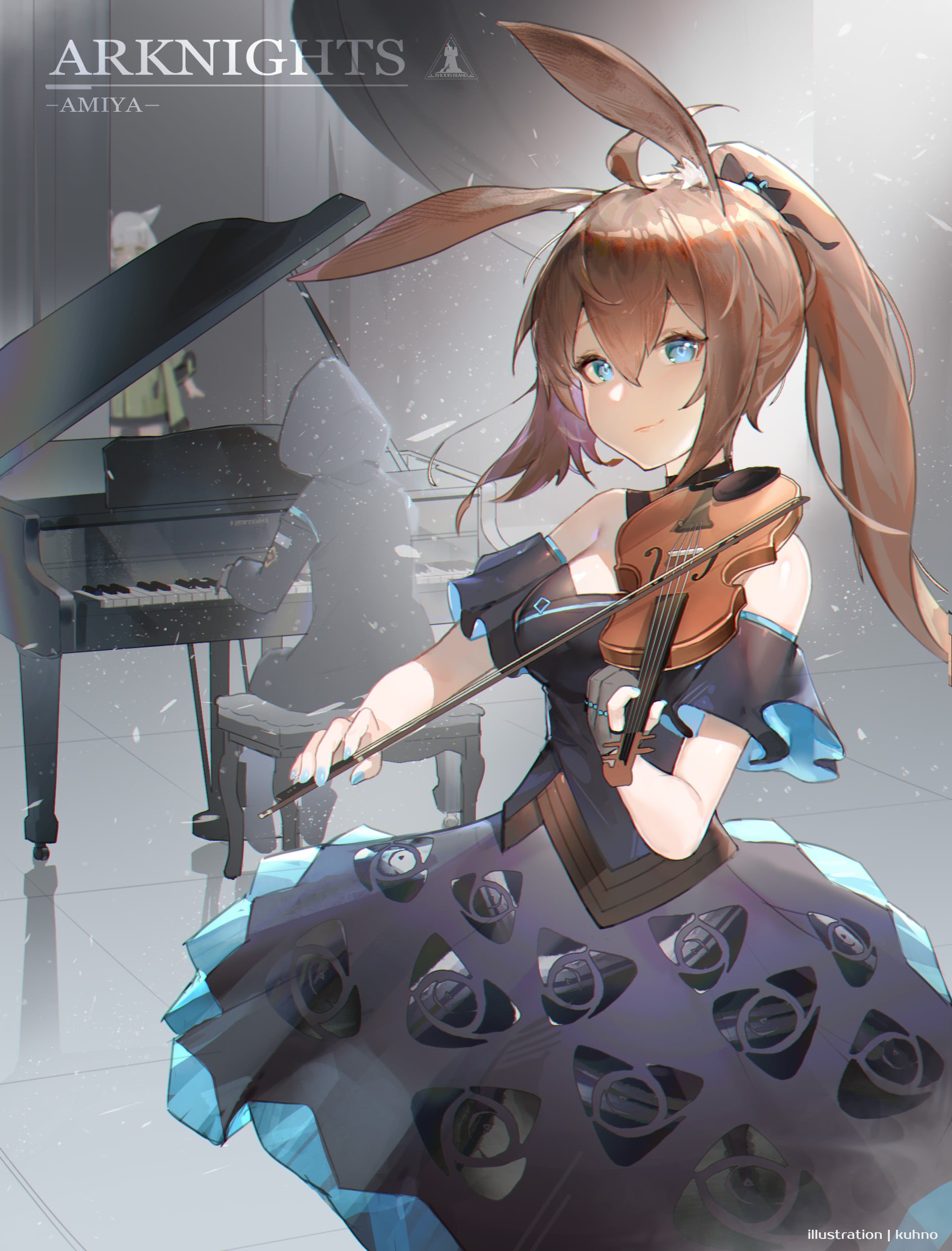 Kuhnowushi, violin, Amiya (Arknights), anime girls, bunny ears, 1080P, portrait display, Arknights, piano, Phone HD Wallpaper