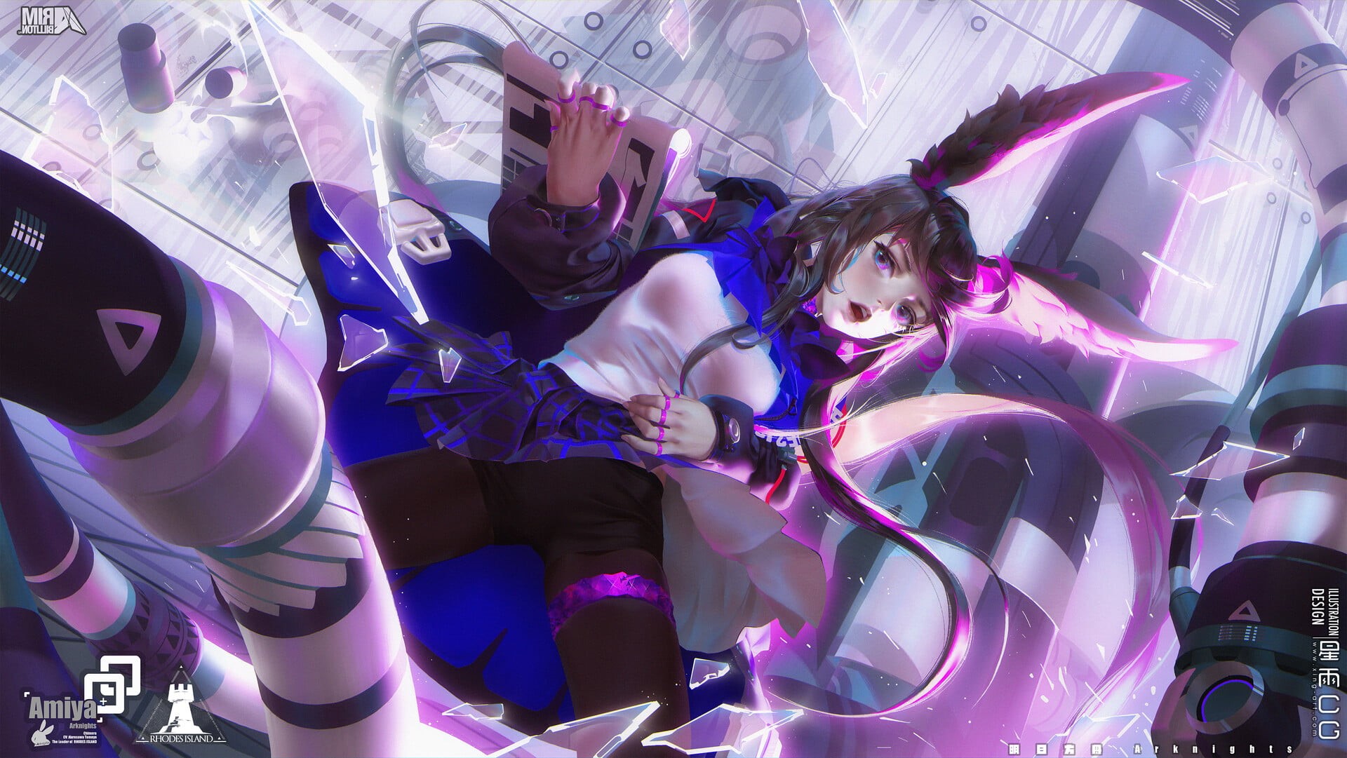 pink light, anime, long hair, semi realistic, broken glass, fantastic realism, anime games, rings, realistic, choker, white shirt, video game characters, HD Wallpaper