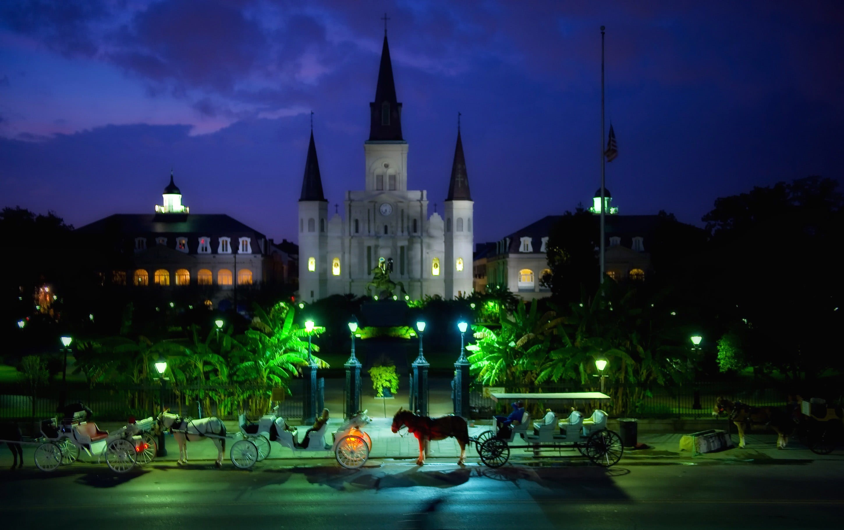 mode of transportation, building, tower, famous Place, public domain, built structure, night, illuminated, evening, ball, spire, city life, New Orleans, HD Wallpaper