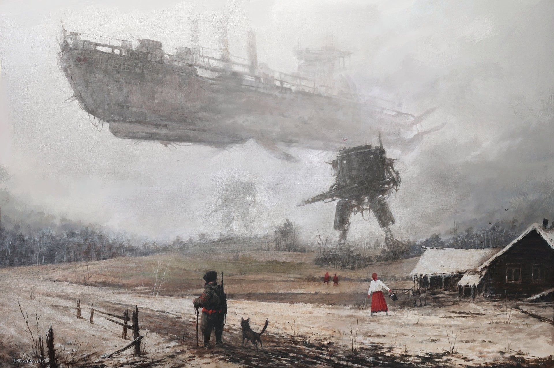 nature, ship, sky, emergency services occupation, Art, group of people, black, environment, Jakub Rozalski, Fiction, day, fog, water, floating, people, HD Wallpaper