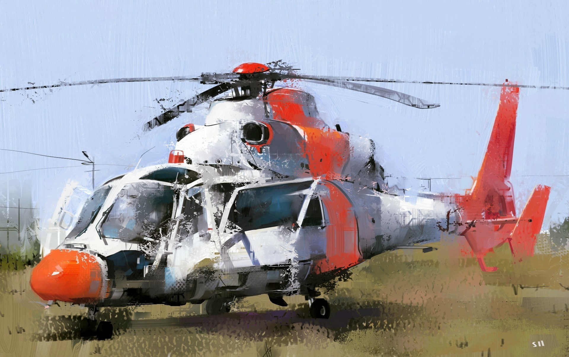 road, occupation, accidents and disasters, orange color, water, artwork, rescue, helicopters, illustration, air vehicle, land vehicle, 1080P, outdoors, HD Wallpaper