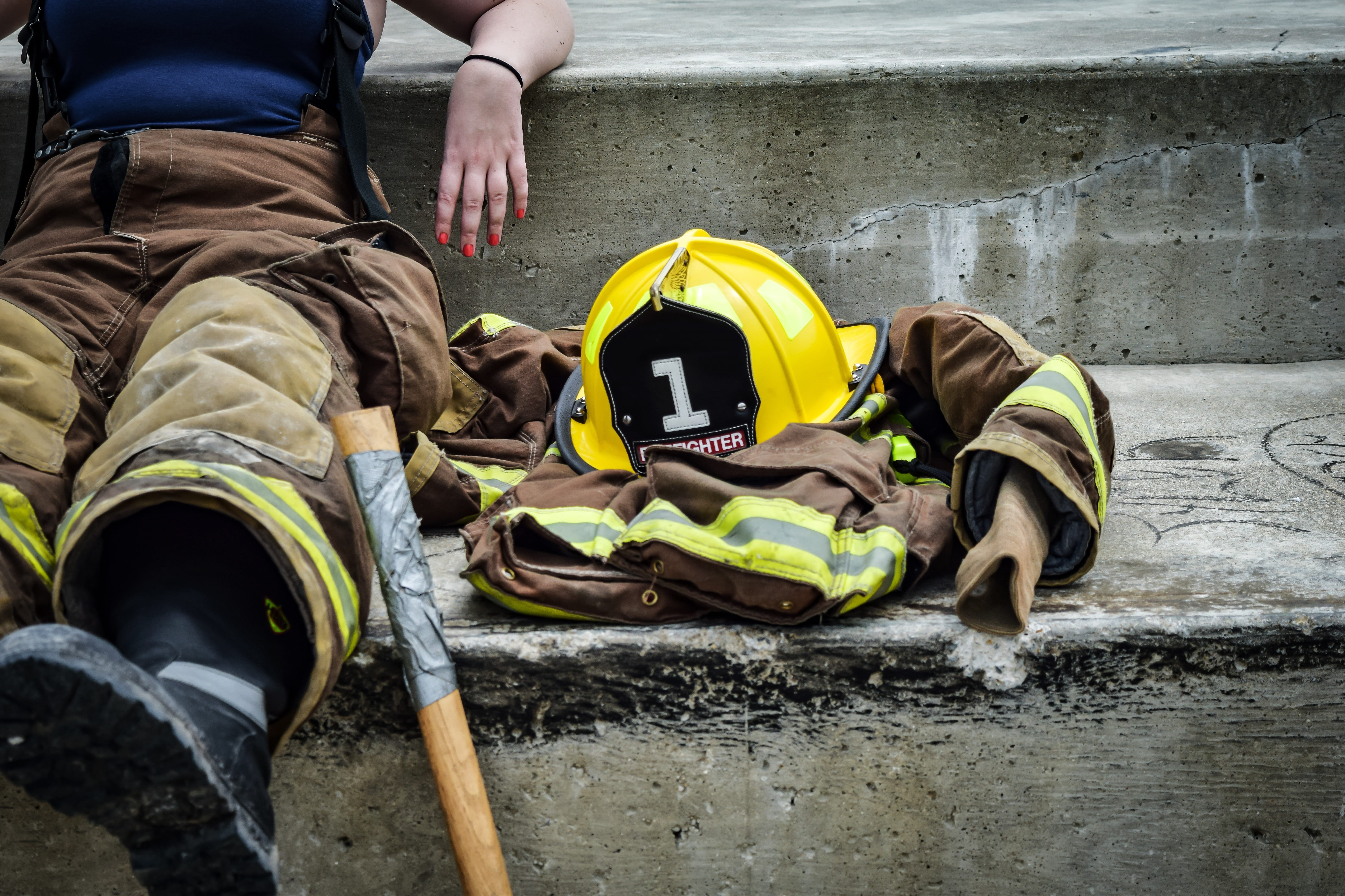 boots, concrete, relaxing, worker, career, 5K, street, professional, hard hat, people, yellow, accidents and disasters, rescue worker, volunteer, outdoors, HD Wallpaper