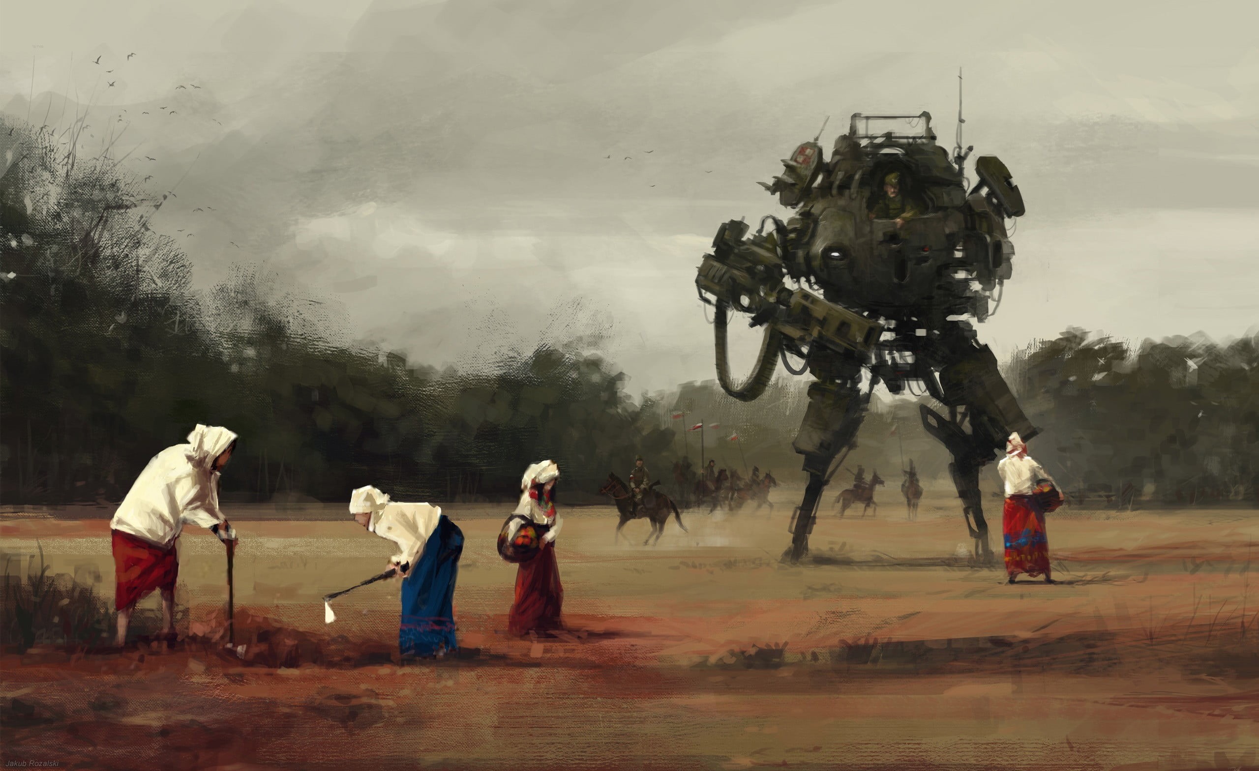 uniform, skirts, 2K, medium group of people, Iron Harvest, adult, group of people, group, day, people, mech, blue, lifestyles, land, cloud - sky, men, HD Wallpaper
