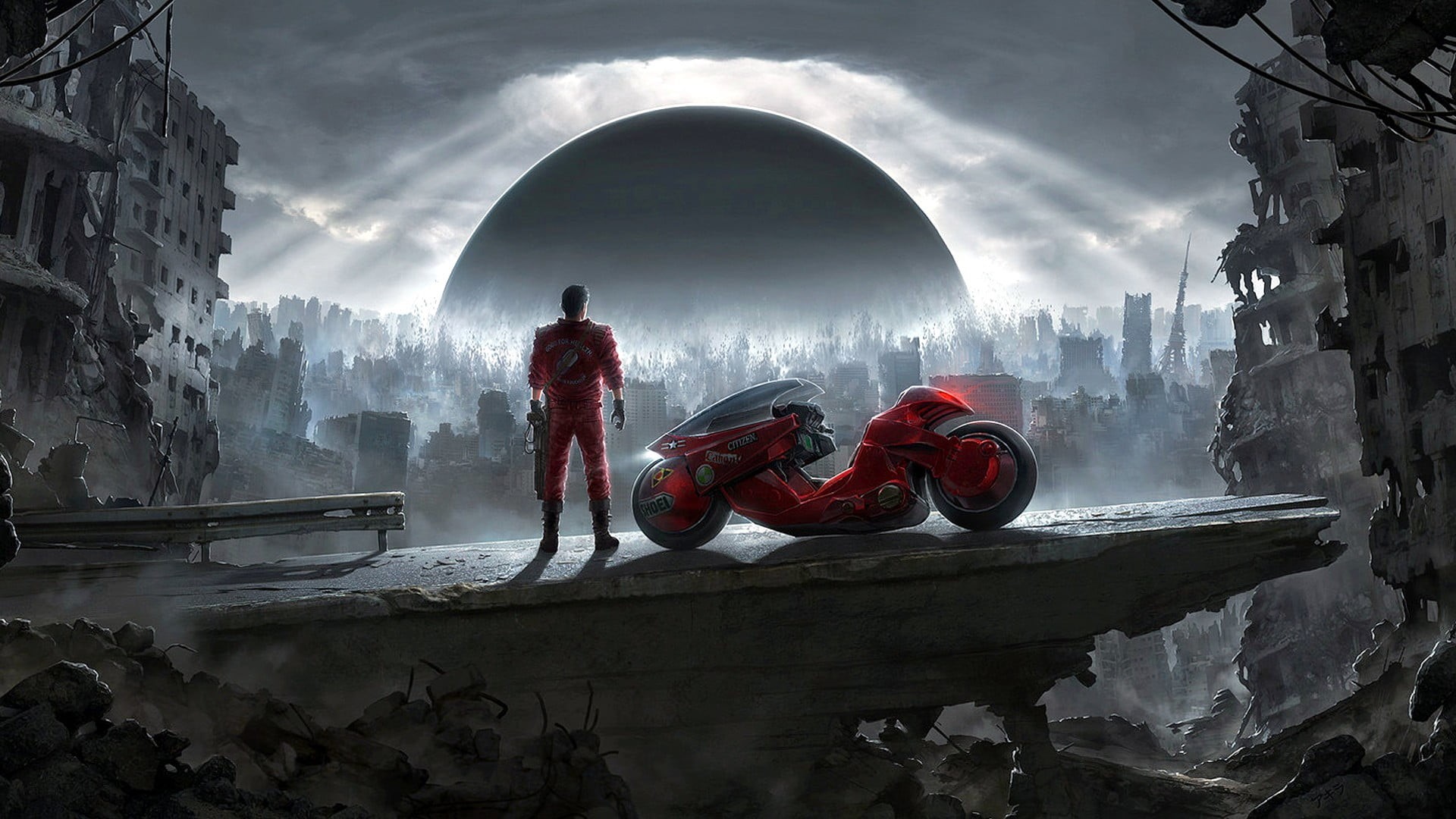 motorcycle, firefighter, man, 1080P, protection, outdoors, sky, men, reflection, accidents and disasters, city, occupation, full length, standing, HD Wallpaper