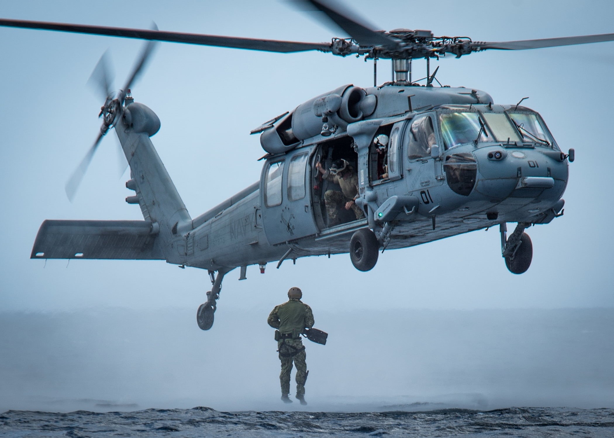 helicopters, water, sky, rescue worker, real people, security, navy, nature, propeller, helicopter, mode of transportation, sea, transportation, horizon over water, HD Wallpaper