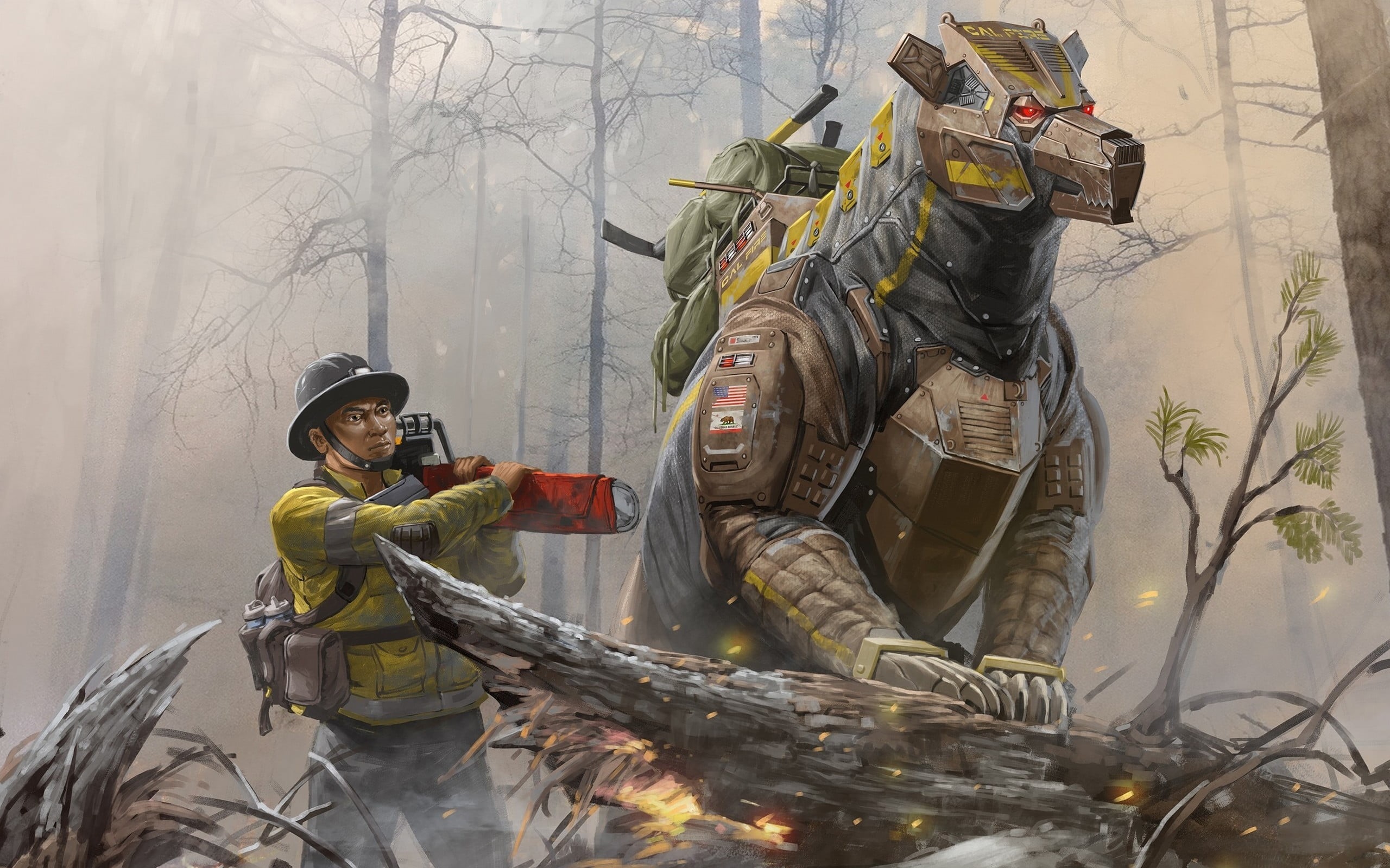 science fiction, protection, people, standing, nature, real people, outdoors, headwear, robot, rescue worker, animals, waist up, digital art, safety, helmet, HD Wallpaper