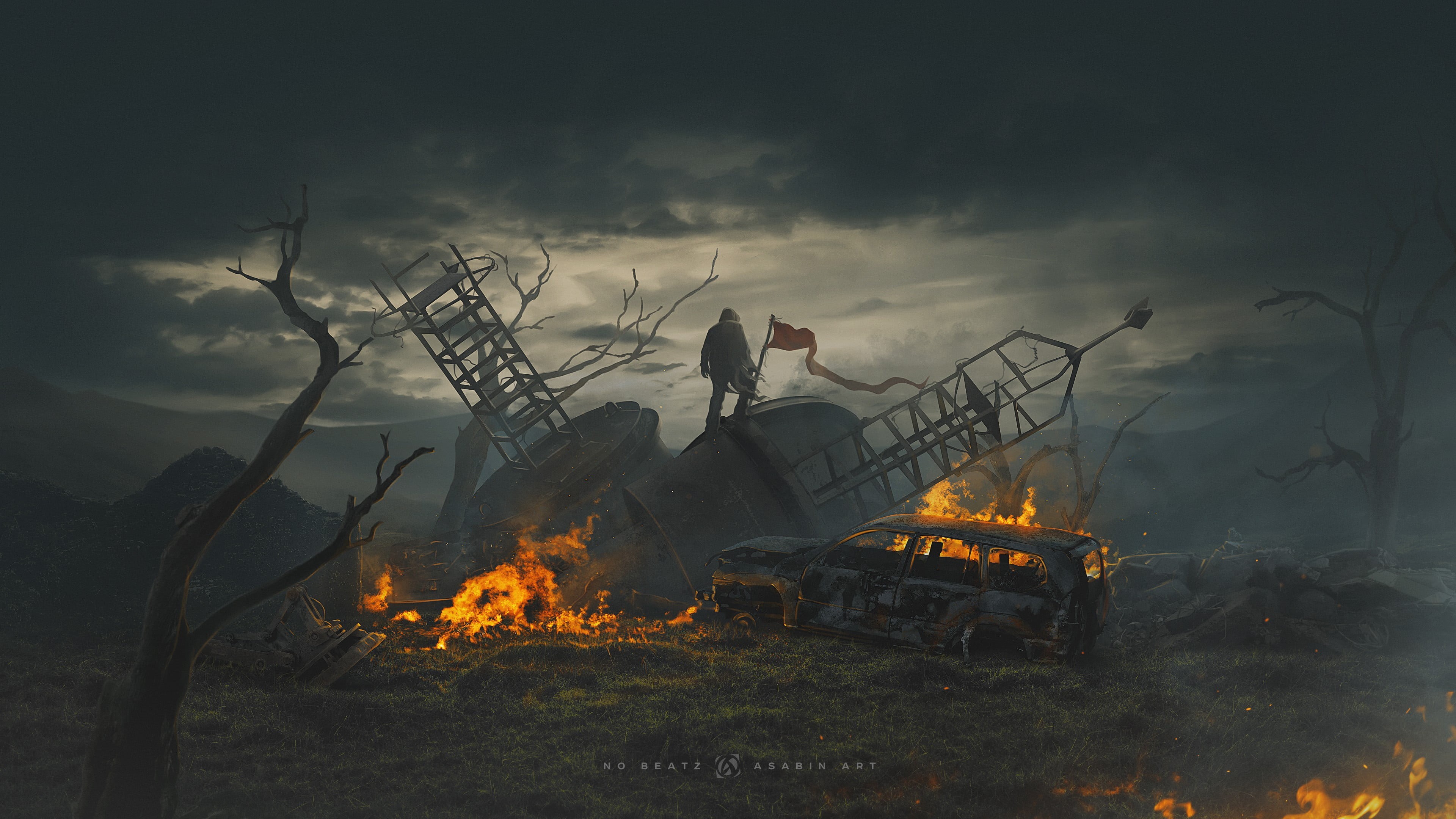 fire - natural phenomenon, 4K, application, campfire, men, burning, heat - temperature, smoke - physical structure, firefighter, one person, car, standing, HD Wallpaper