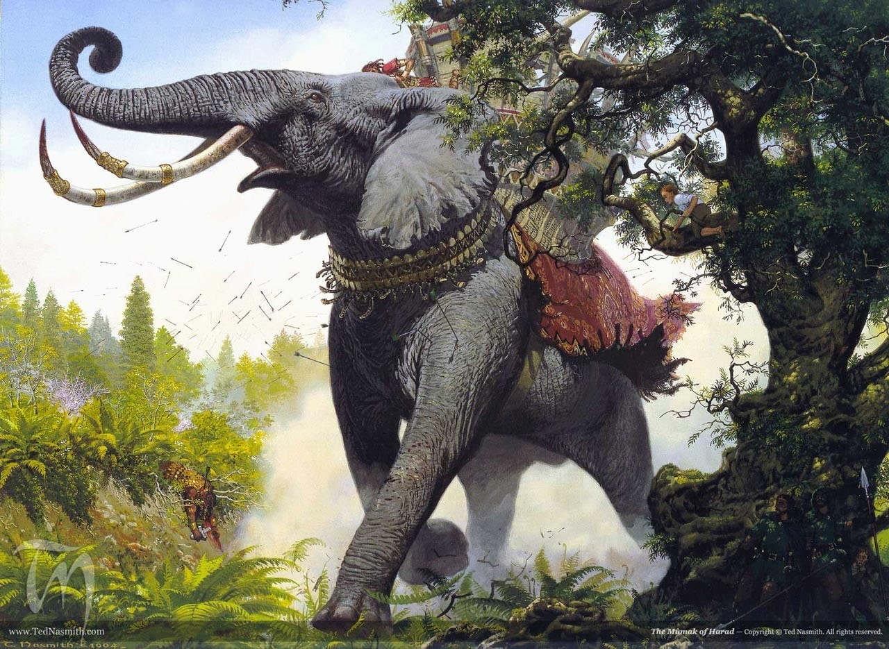 animal wildlife, domestic, The Lord of the Rings, Ted Nasmith, Middle-earth, Oliphaunts, day, animal, one animal, tree, 720P, crossing, green, plants, HD Wallpaper