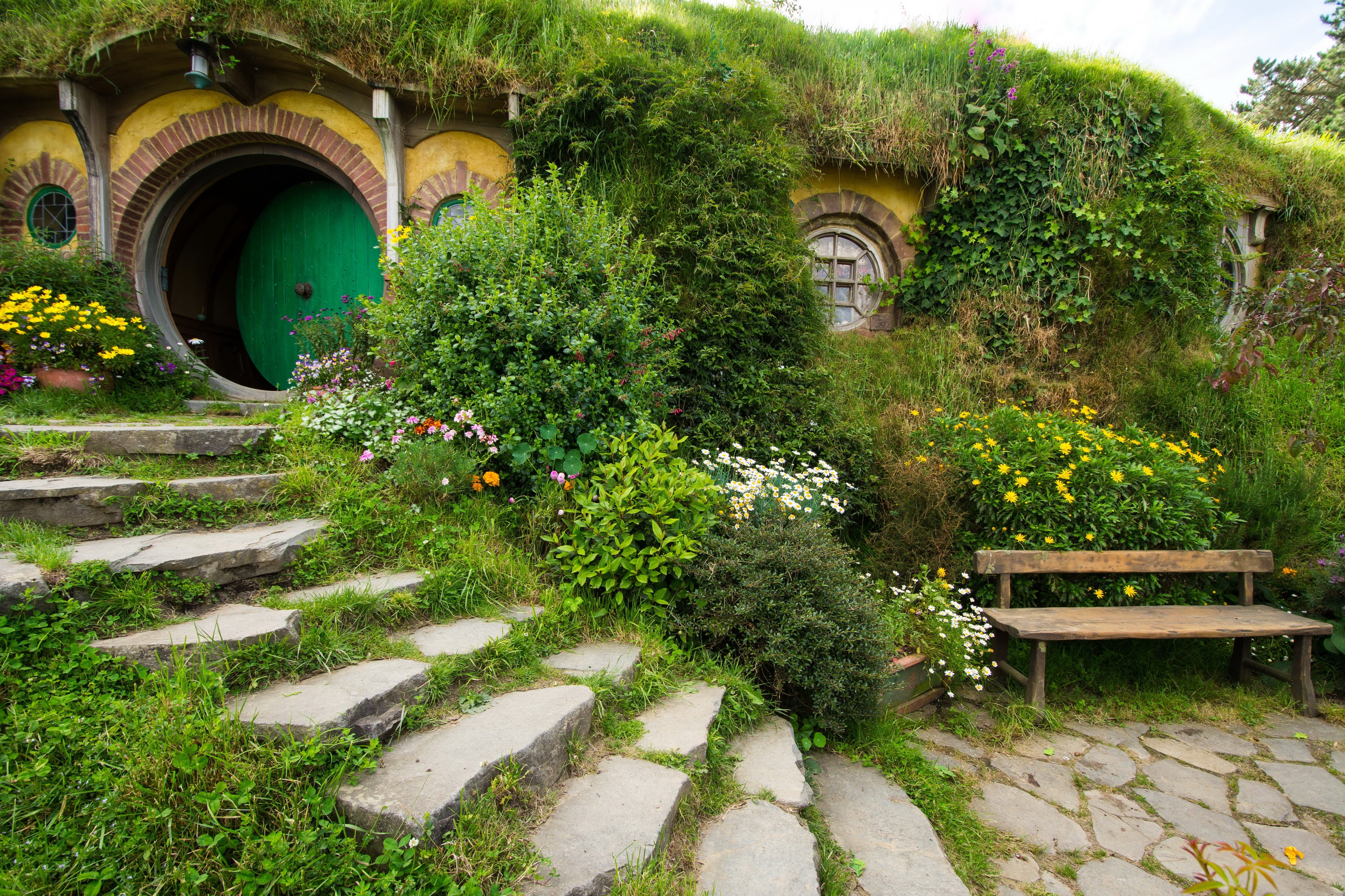 Zealand, stairs, 5K, shrubs, nature, hobbiton, parks, bench, new park, matamata, HD Wallpaper