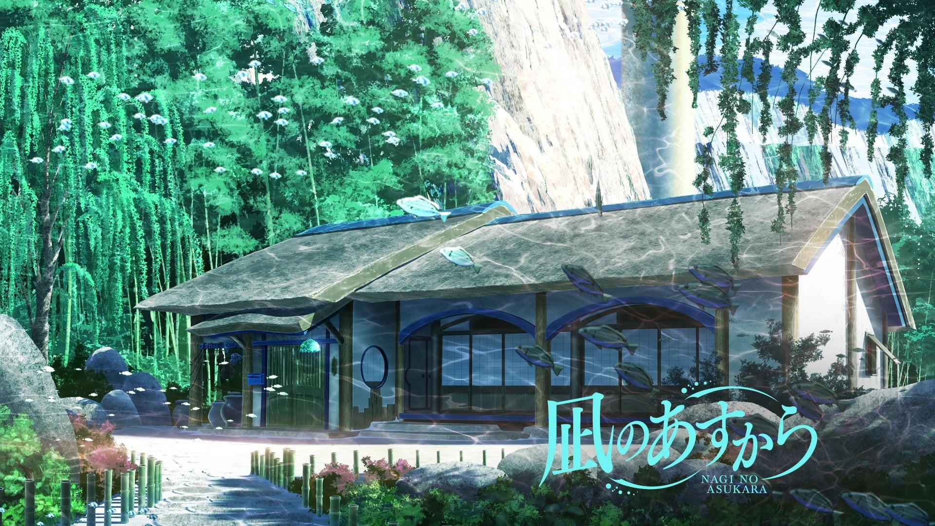 blue, tree, 1080P, building, water, glass - material, nature, wooden, art and craft, anime, land, white, outdoors, no people, fantasy art, growth, reflection, HD Wallpaper
