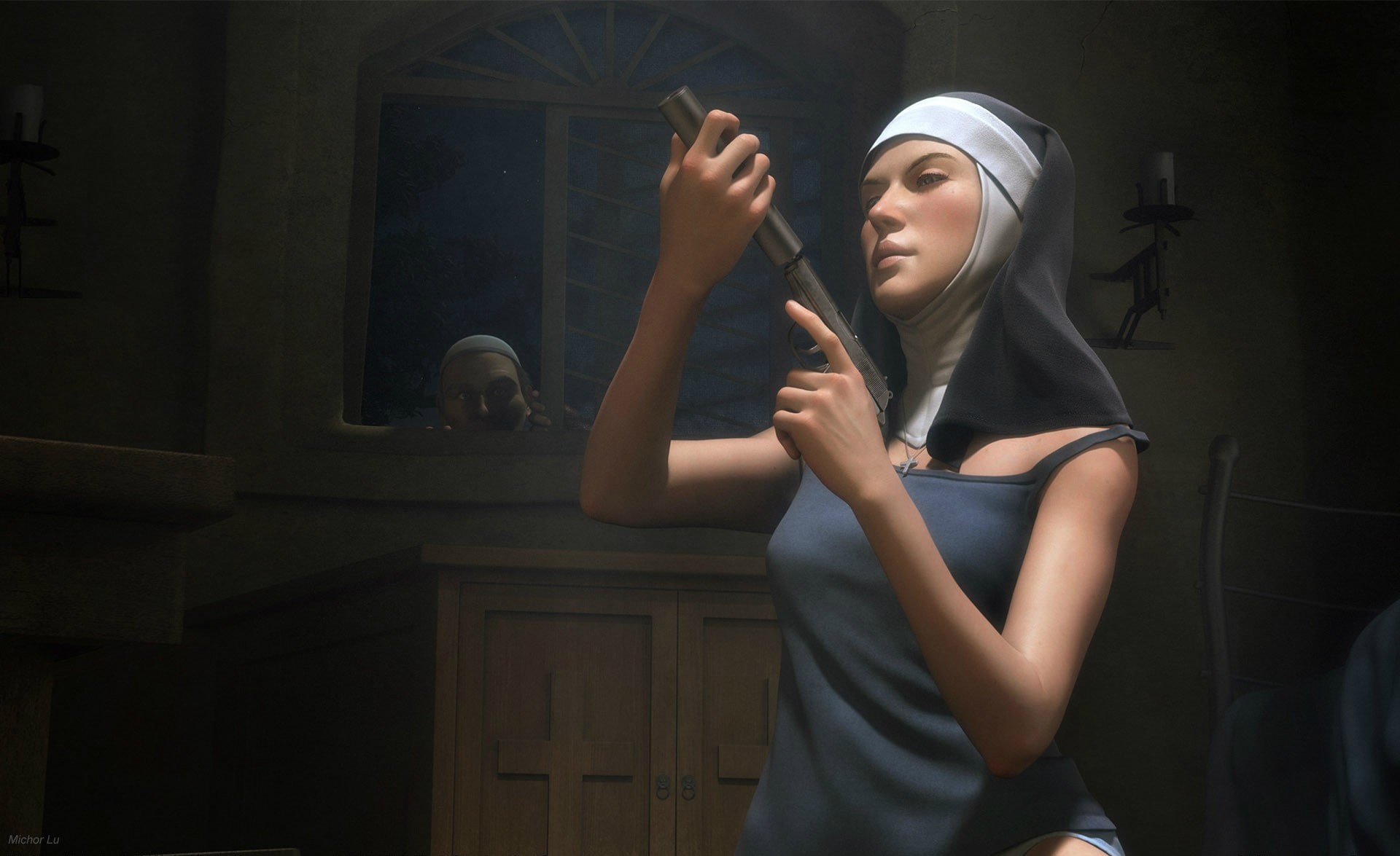 nuns, artwork, 1080P, weapon, HD Wallpaper