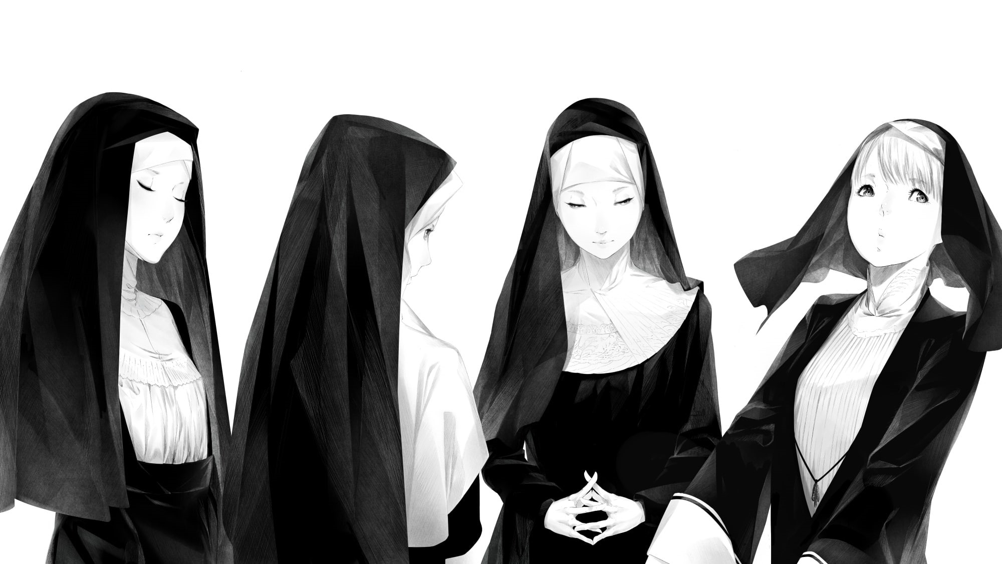 black, 1080P, art, white, girls, Sawasawa, nuns, HD Wallpaper