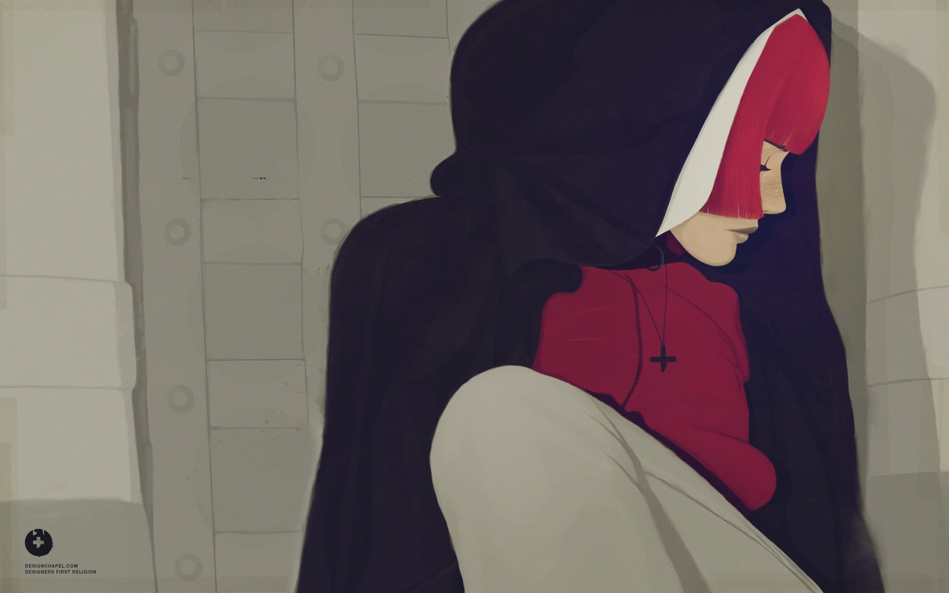 artwork, redhead, religion, nuns, women, drawing, 1080P, HD Wallpaper
