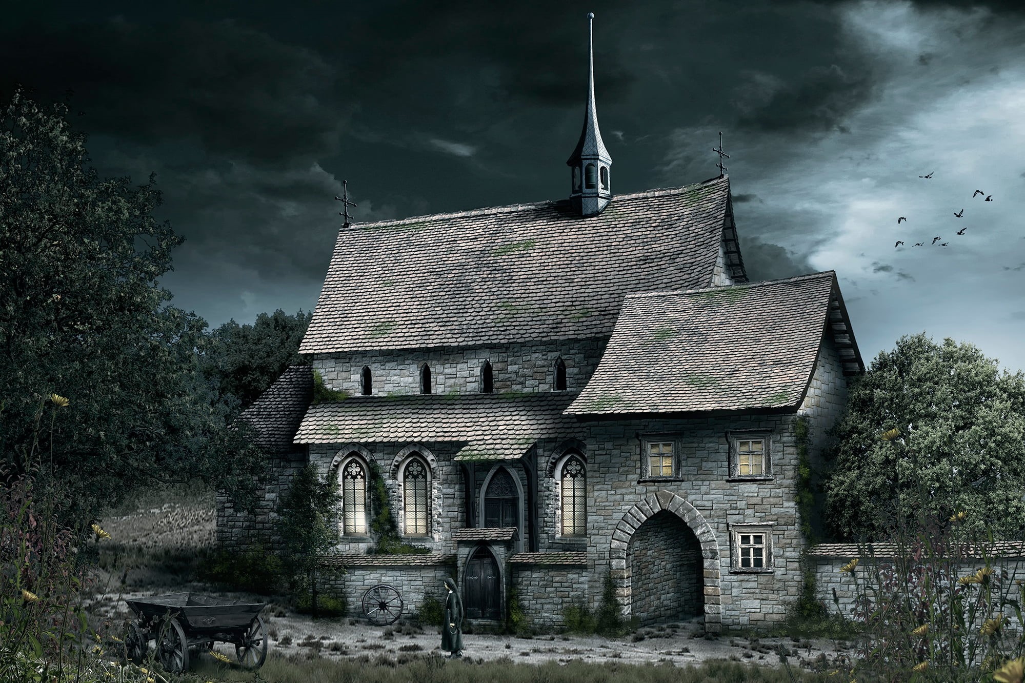 nature, building, old, spooky, built structure, house, 1080P, outdoors, building exterior, Church, dark-art, cloud - sky, tree, spirituality, religion, HD Wallpaper