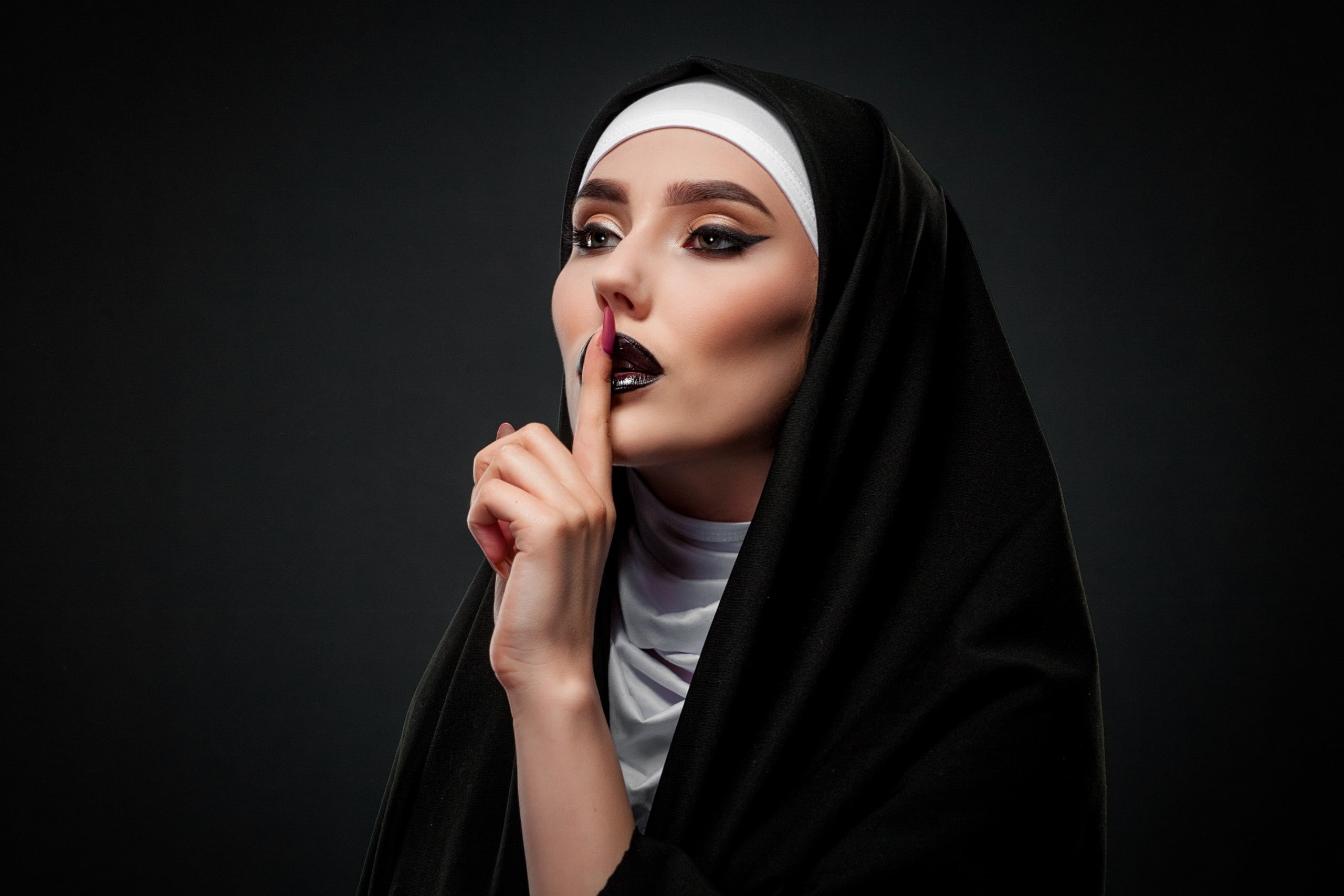 2K, simple background, women, studio, dark lipstick, women indoors, indoors, nun, painted nails, makeup, HD Wallpaper