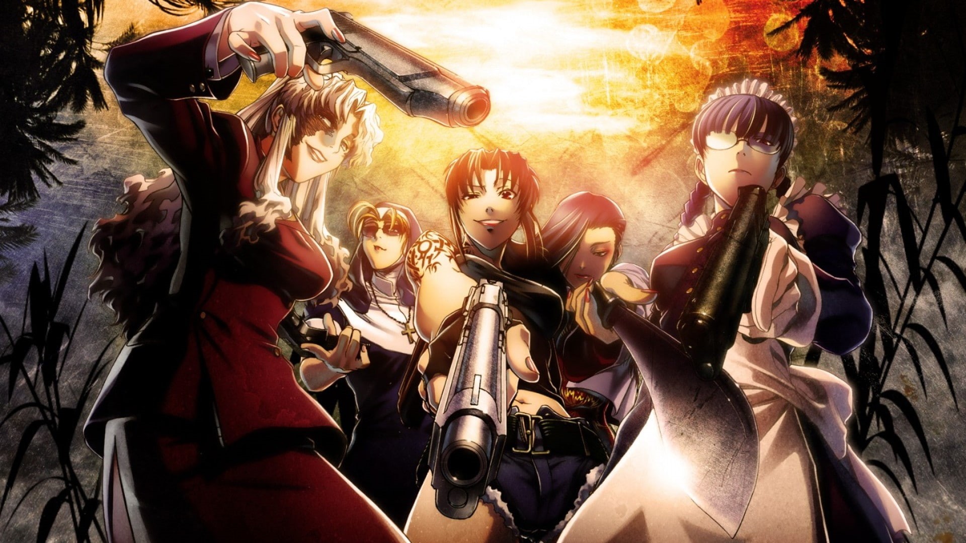 girls, eda, roberta, lagoon, revy, 1080P, art, tattoos, weapons, anime, maids, Black Lagoon, balalaika, nun, handguns, shenh, glasses, black, hd, HD Wallpaper