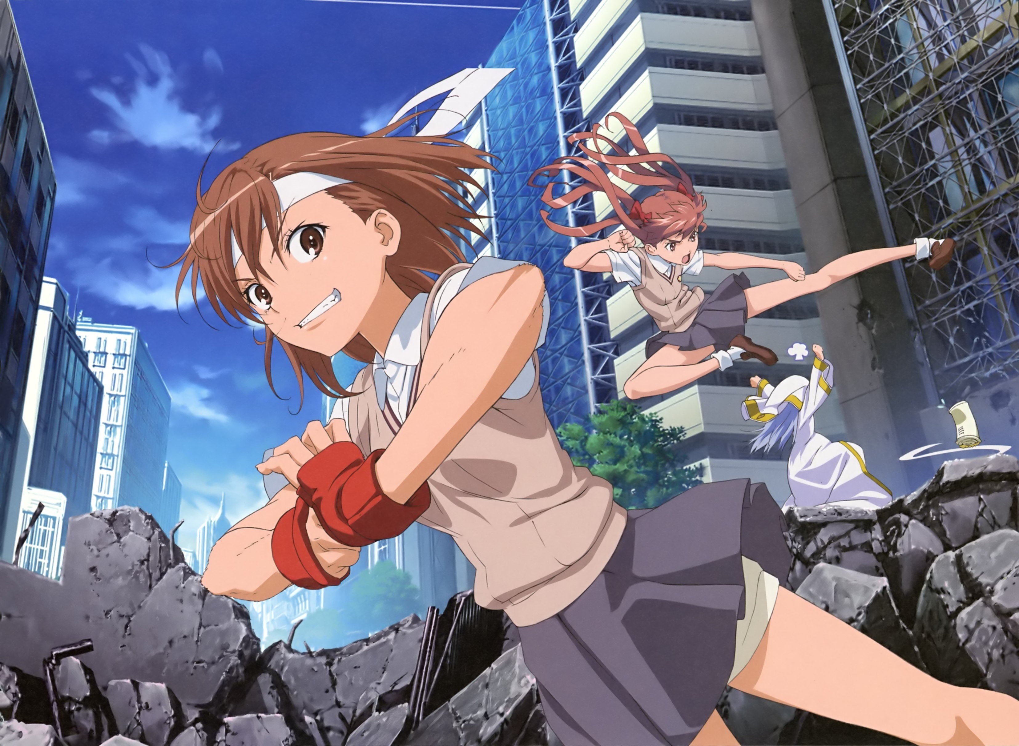 open, long, prohibitorum, toaru, trees, roads, clouds, hair, 2K, brown, misaka, gloves, uniforms, ruins, dress, eyes, headbands, skirts, railgun, blue, HD Wallpaper