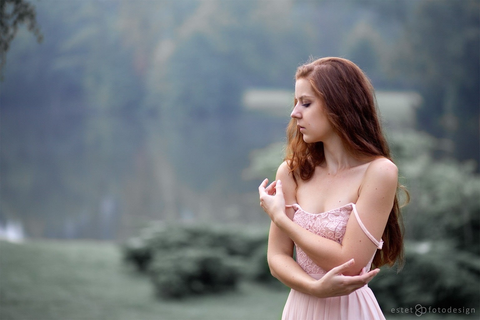 young adult, beauty, standing, contemplation, looking, adult, 500px, brown hair, waist up, outdoors, model, women outdoors, dress, long hair, bare shoulders, HD Wallpaper