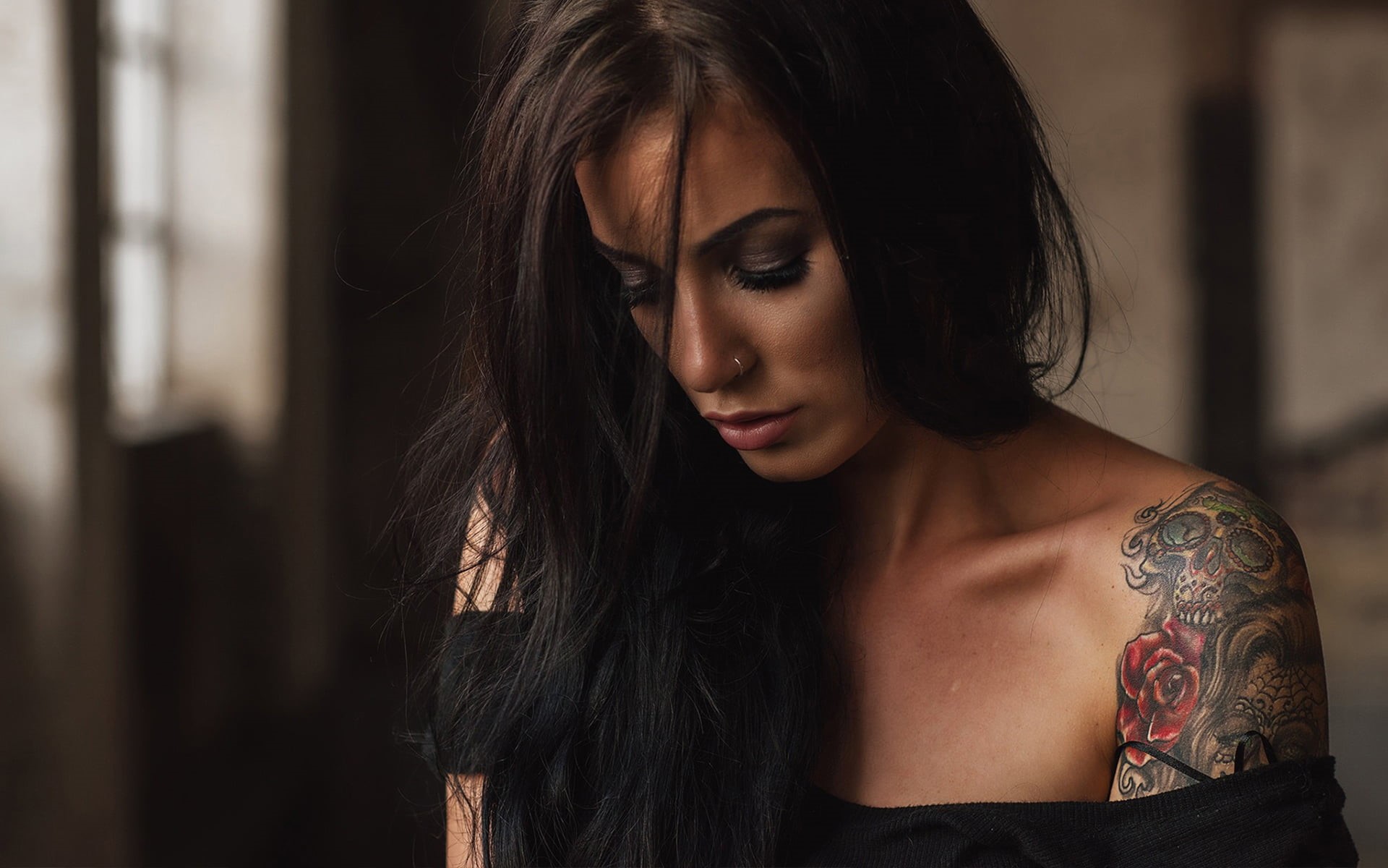 black hair, depression - sadness, front view, young women, beautiful woman, contemplation, 1080P, portrait, adult, women, long hair, hair, fashion, semi-dress, HD Wallpaper