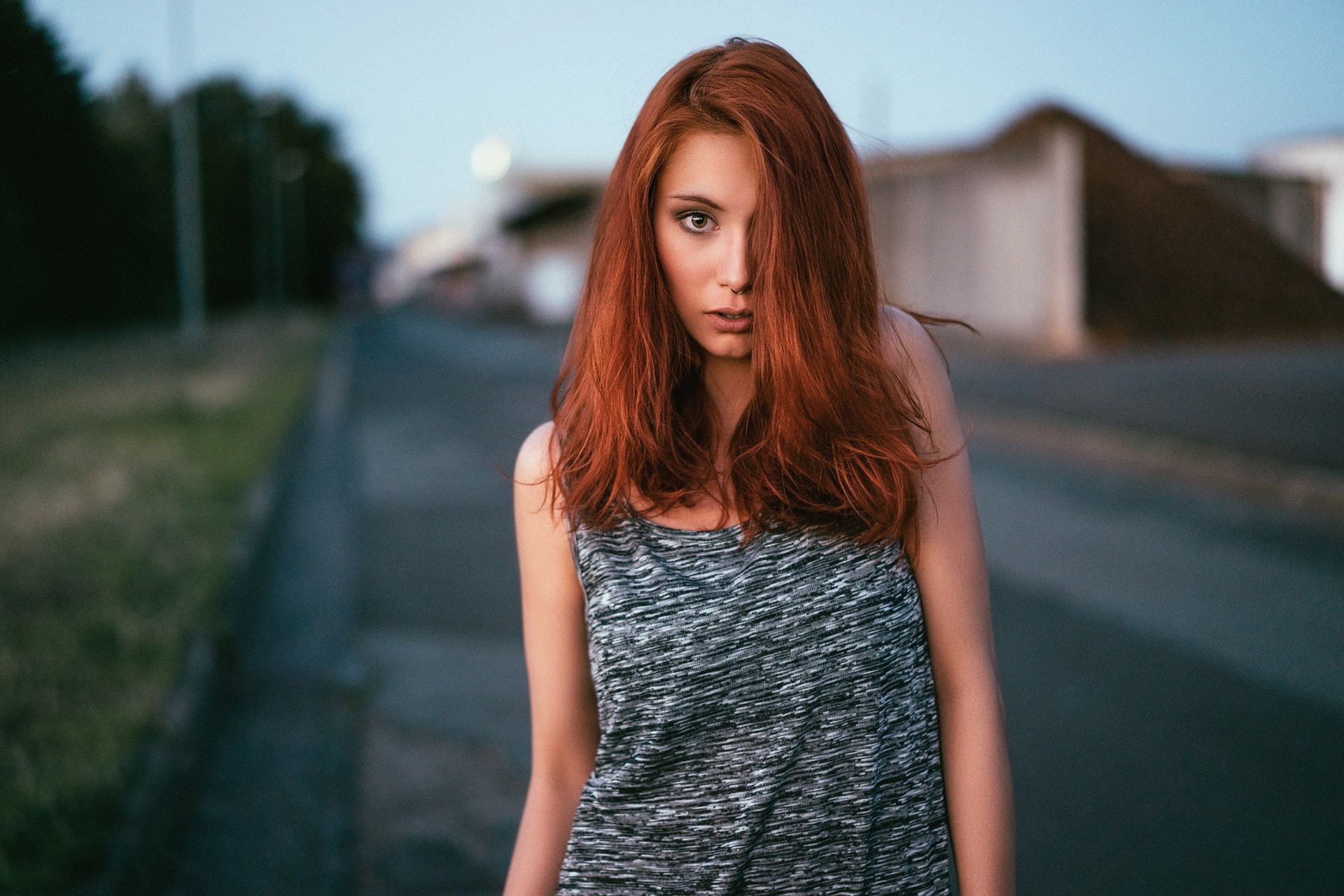 redhead, portrait, casual clothing, beautiful woman, nose rings, outdoors, young adult, Victoria Ryzhevolosaya, hairstyle, brown hair, long hair, beauty, HD Wallpaper