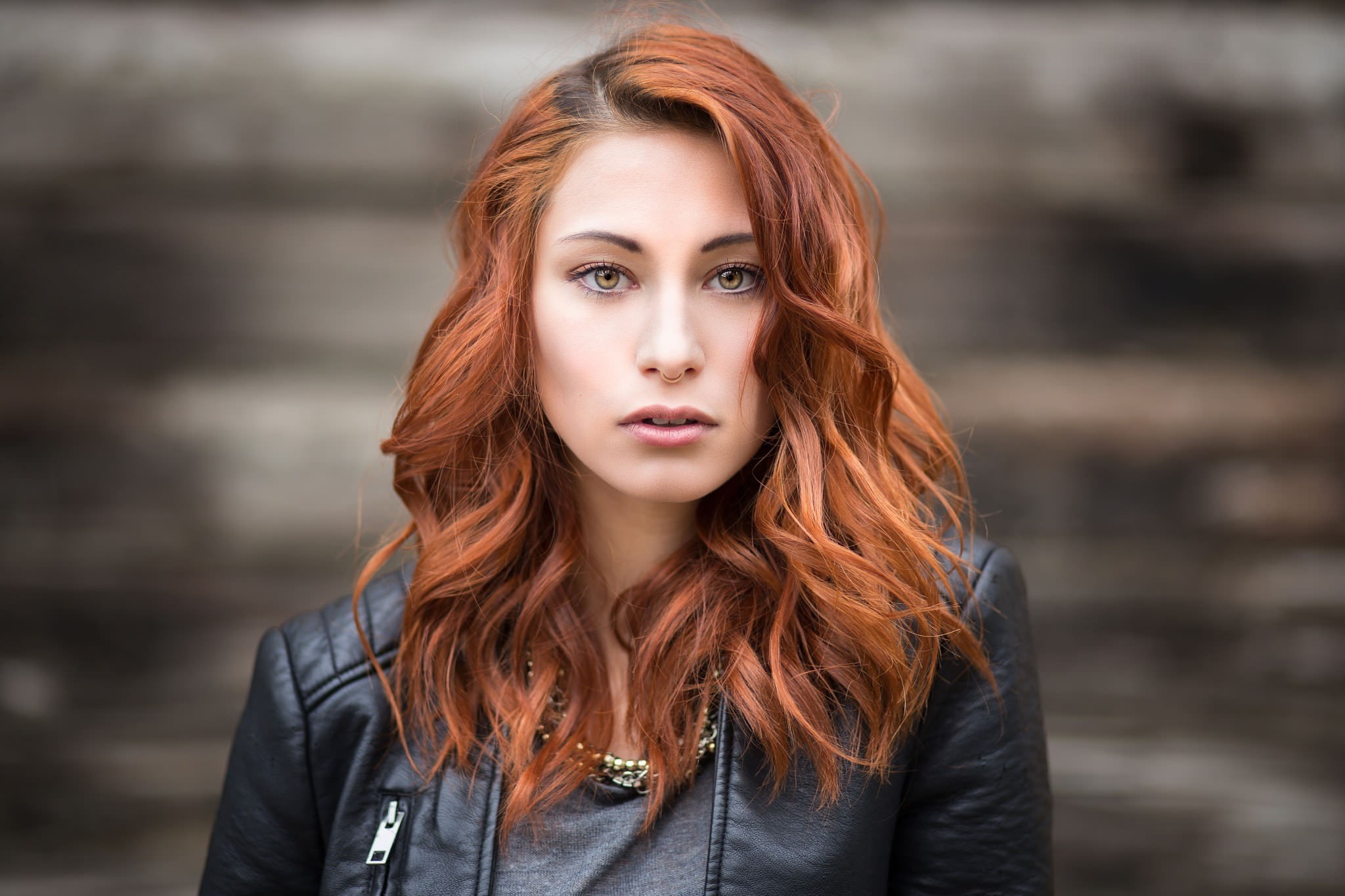 casual clothing, leather, 1080P, young adult, beautiful woman, beauty, portrait, outdoors, one person, hair, teenager, focus on foreground, face, redhead, HD Wallpaper
