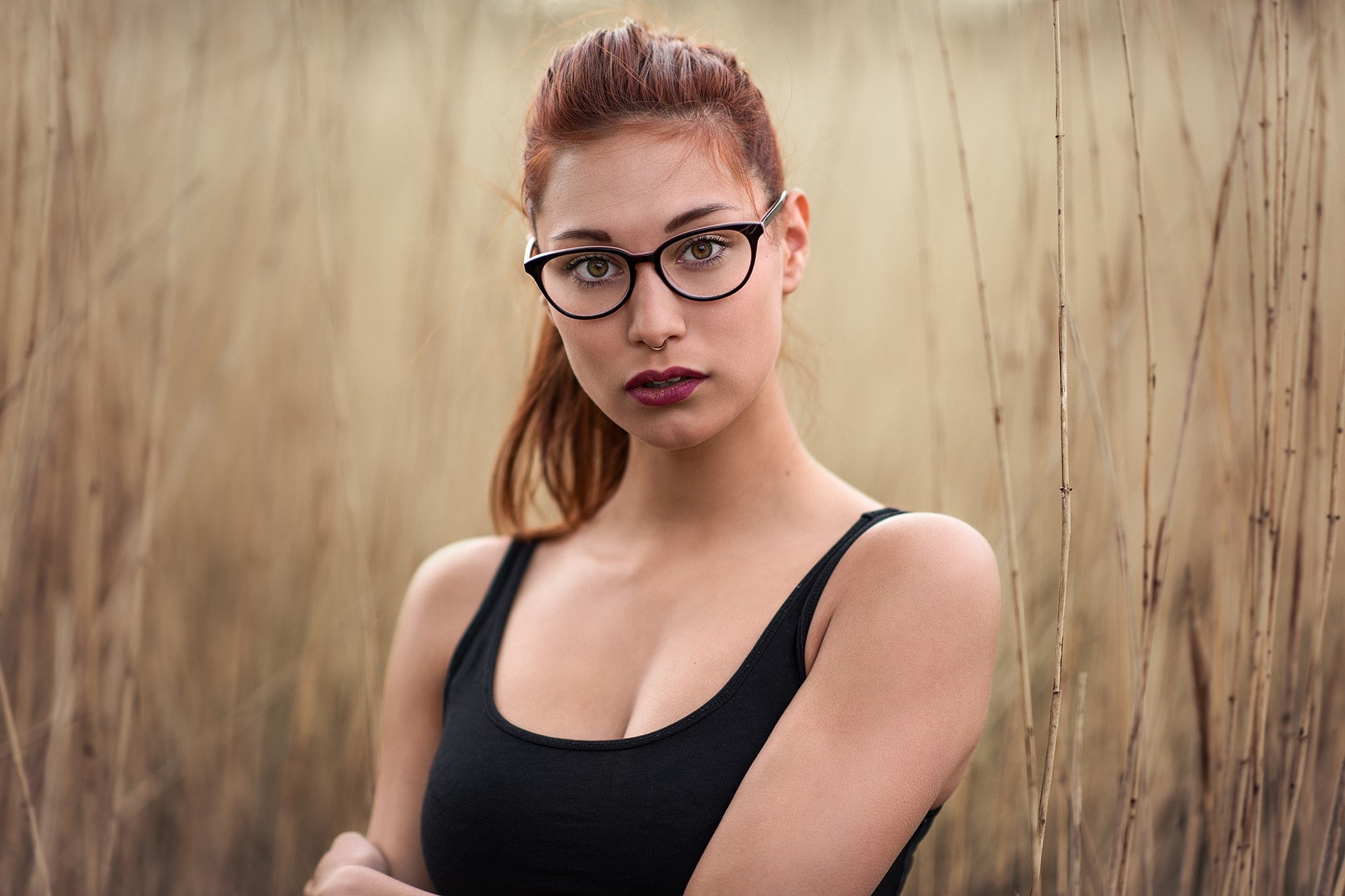 nose rings, young women, 1080P, real people, one person, casual clothing, front view, beauty, women, contemplation, beautiful woman, looking at camera, HD Wallpaper