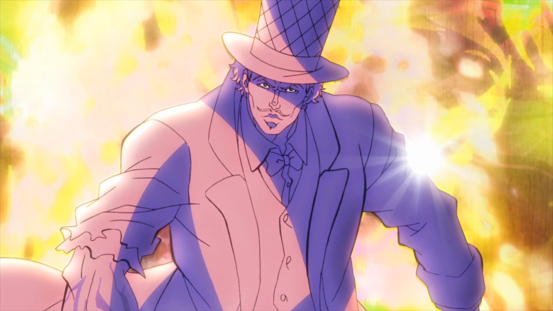 day, looking at camera, sunlight, anime, 1080P, lens flare, men, outdoors, nature, JoJos Bizarre Adventure: Stardust Crusaders, Zeppeli, focus on foreground, HD Wallpaper