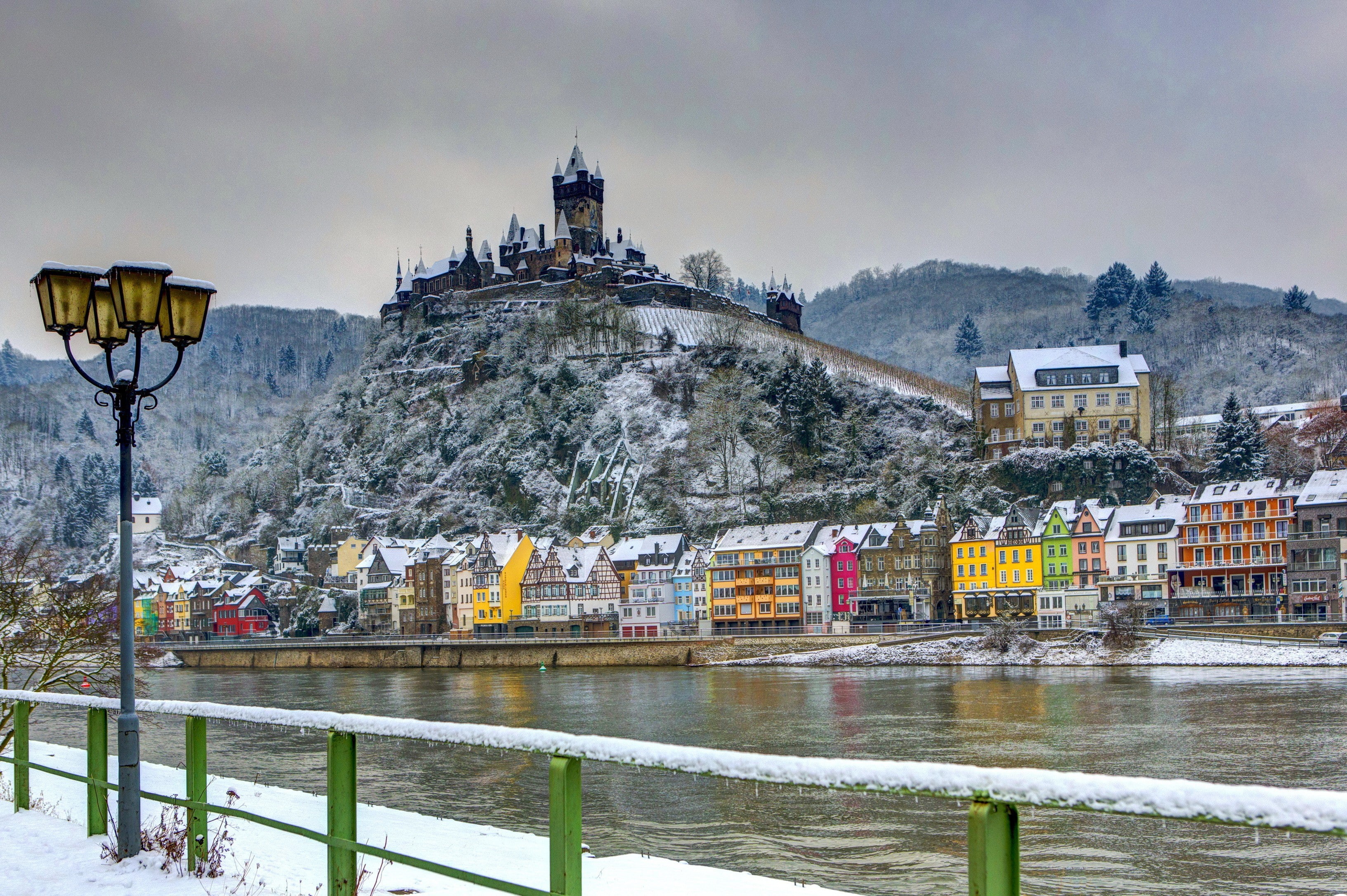 river, Cochem, fortress, house, castle, lights, Burg, snow, winter, germany, 2K, HD Wallpaper