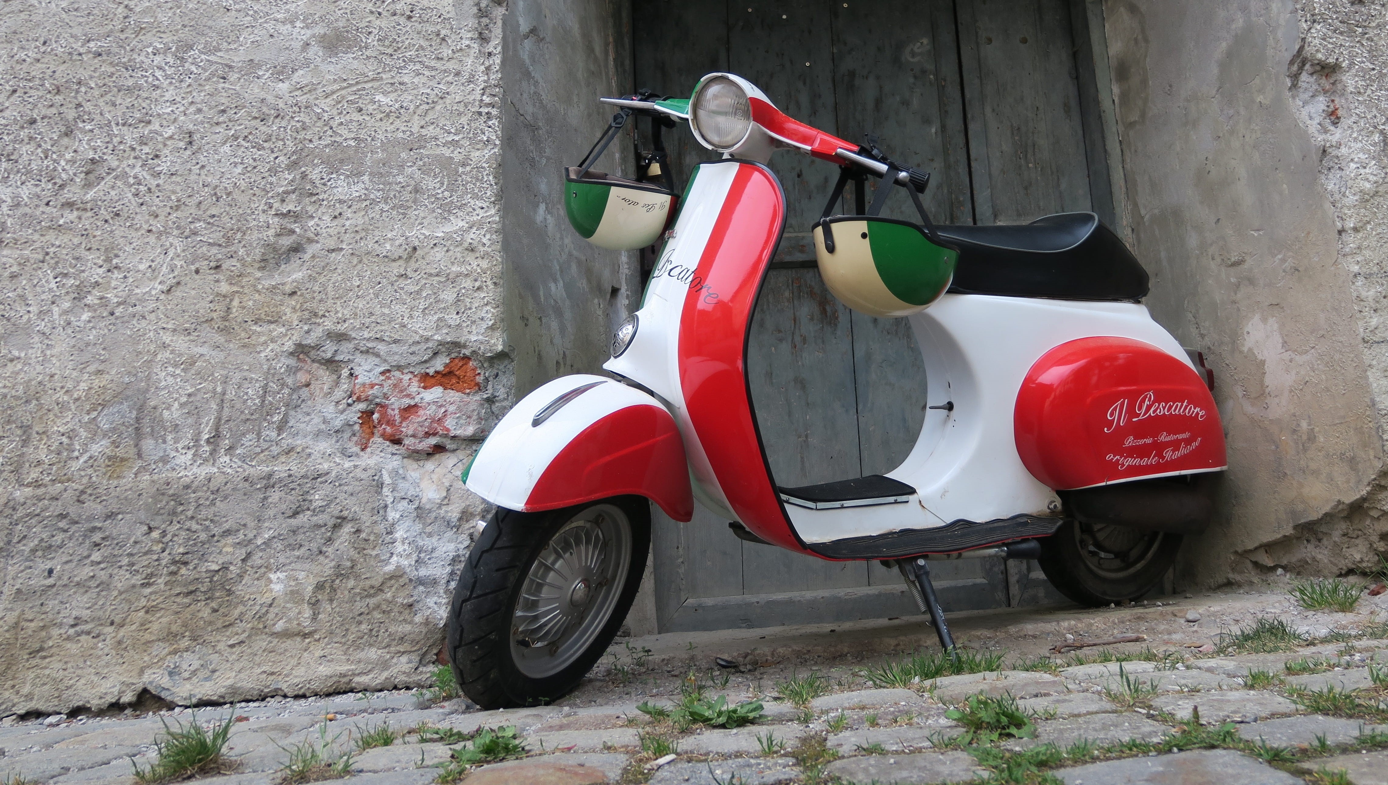 locomotion, vespa, nature, day, scooter, vehicle, roller, red, helm, 4K, land vehicle, travel, building exterior, motorcycle, transportation, piaggio, HD Wallpaper