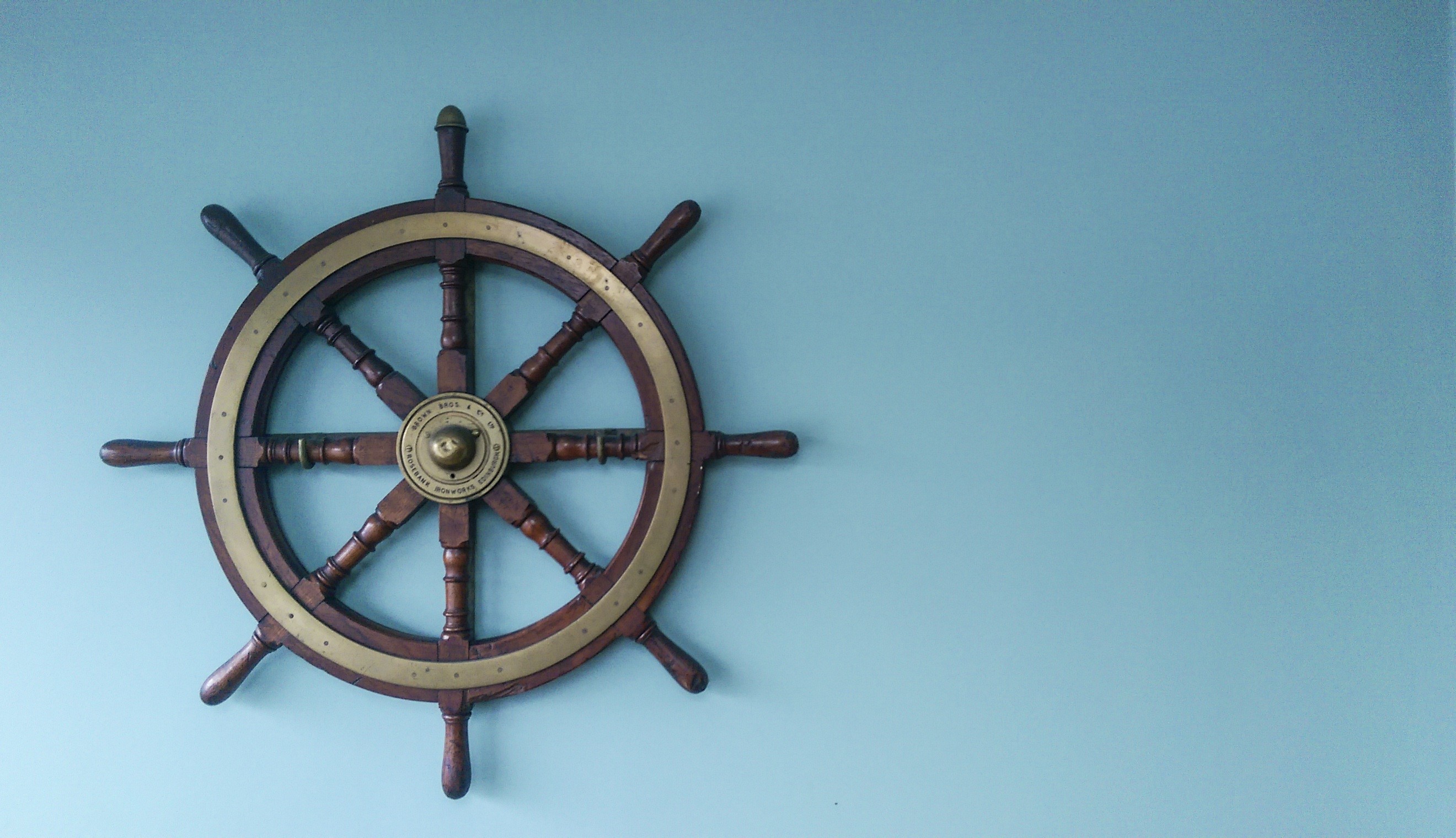 mode of transportation, passenger craft, ship, yacht, wheel, helm, metal, decor, office, blue background, nautical vessel, old, wall - building feature, HD Wallpaper