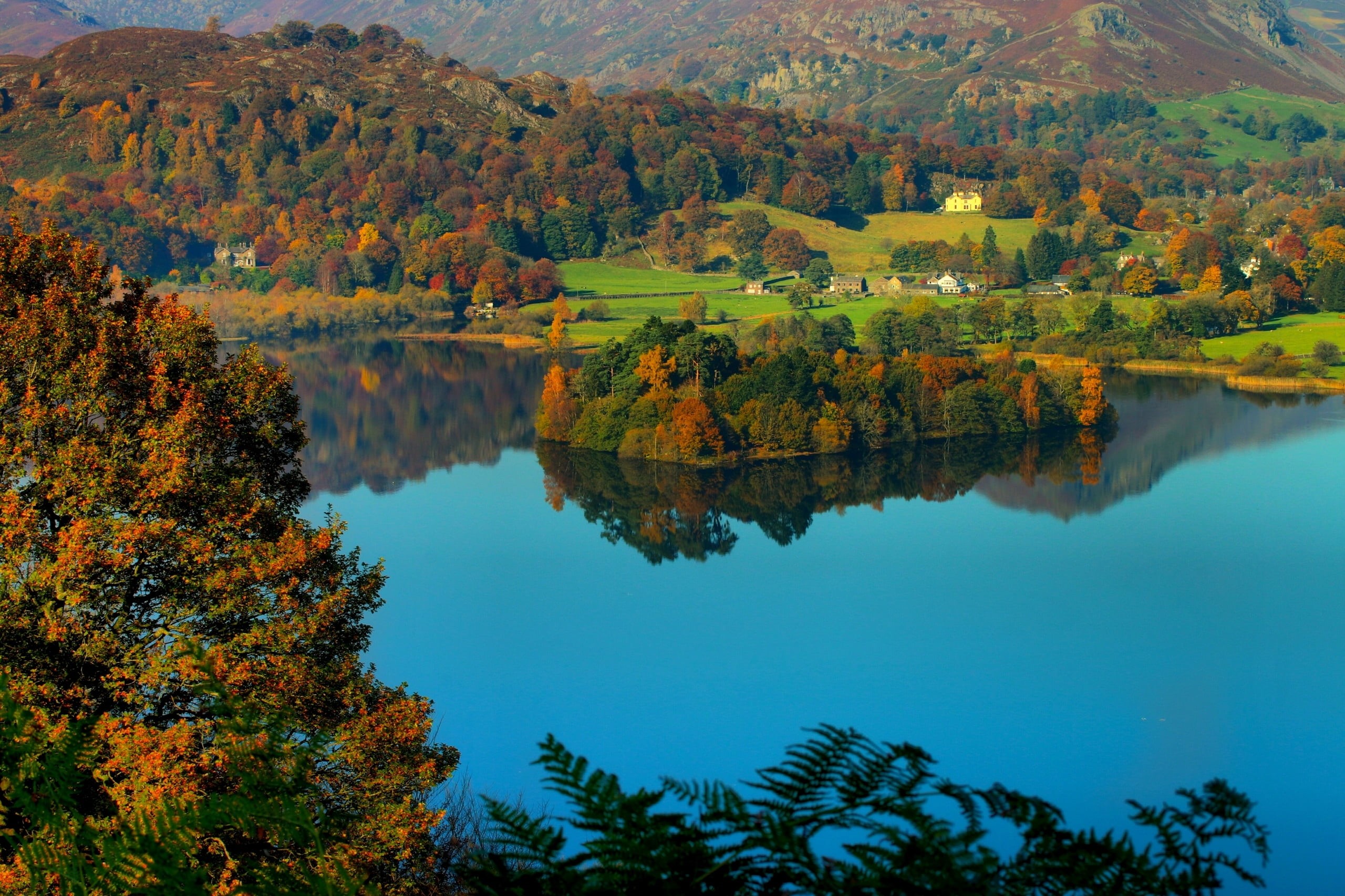 hills, water, outdoors, nature, green color, day, Lake District National Park, autumn, Grasmere Village, Helm Crag, tranquility, lake, scenics - nature, HD Wallpaper