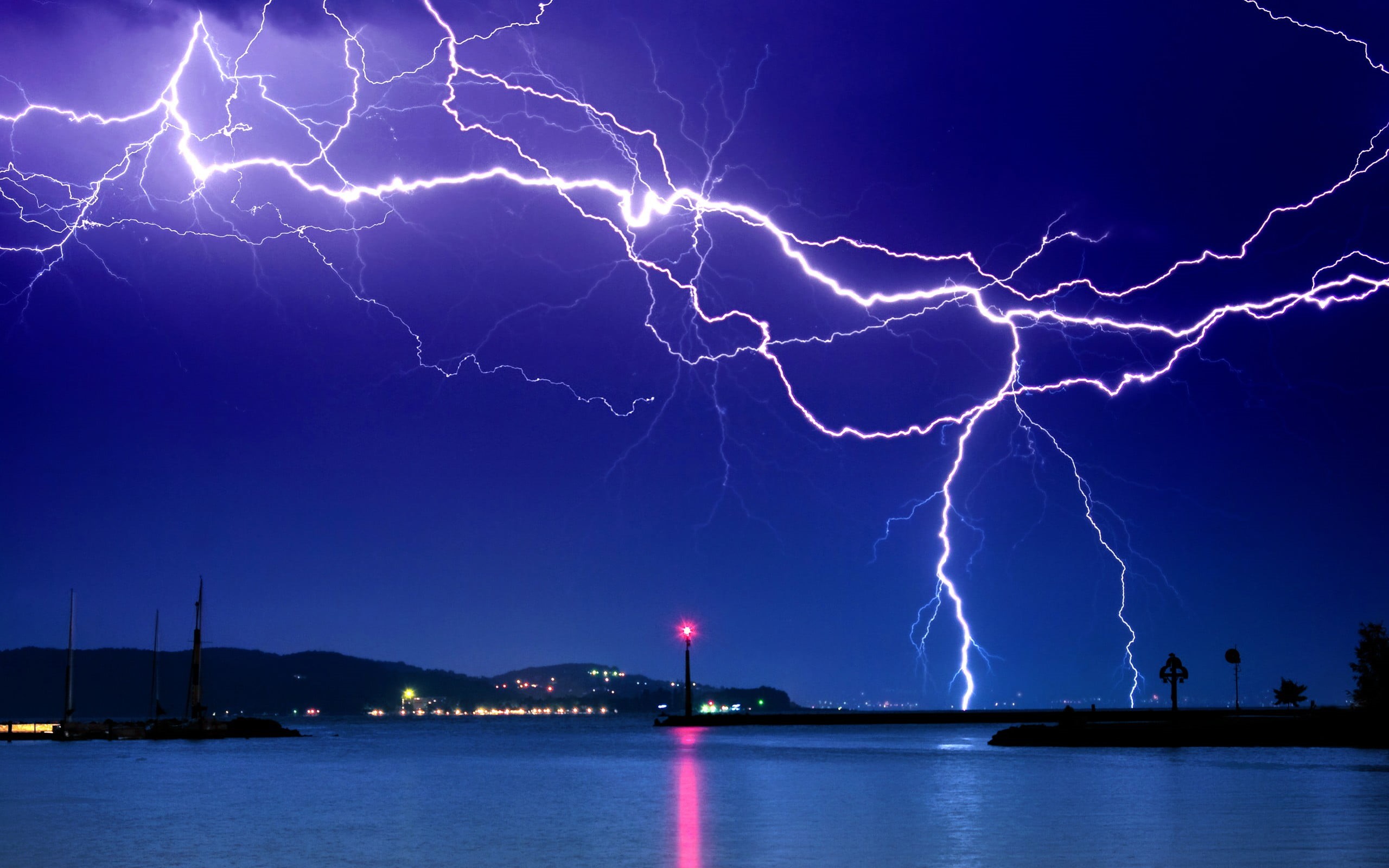 electricity, no people, forked lightning, purple, night, white, sky, photography, lighthouse, lightning, storm, nature, water, 2K, outdoors, architecture, HD Wallpaper