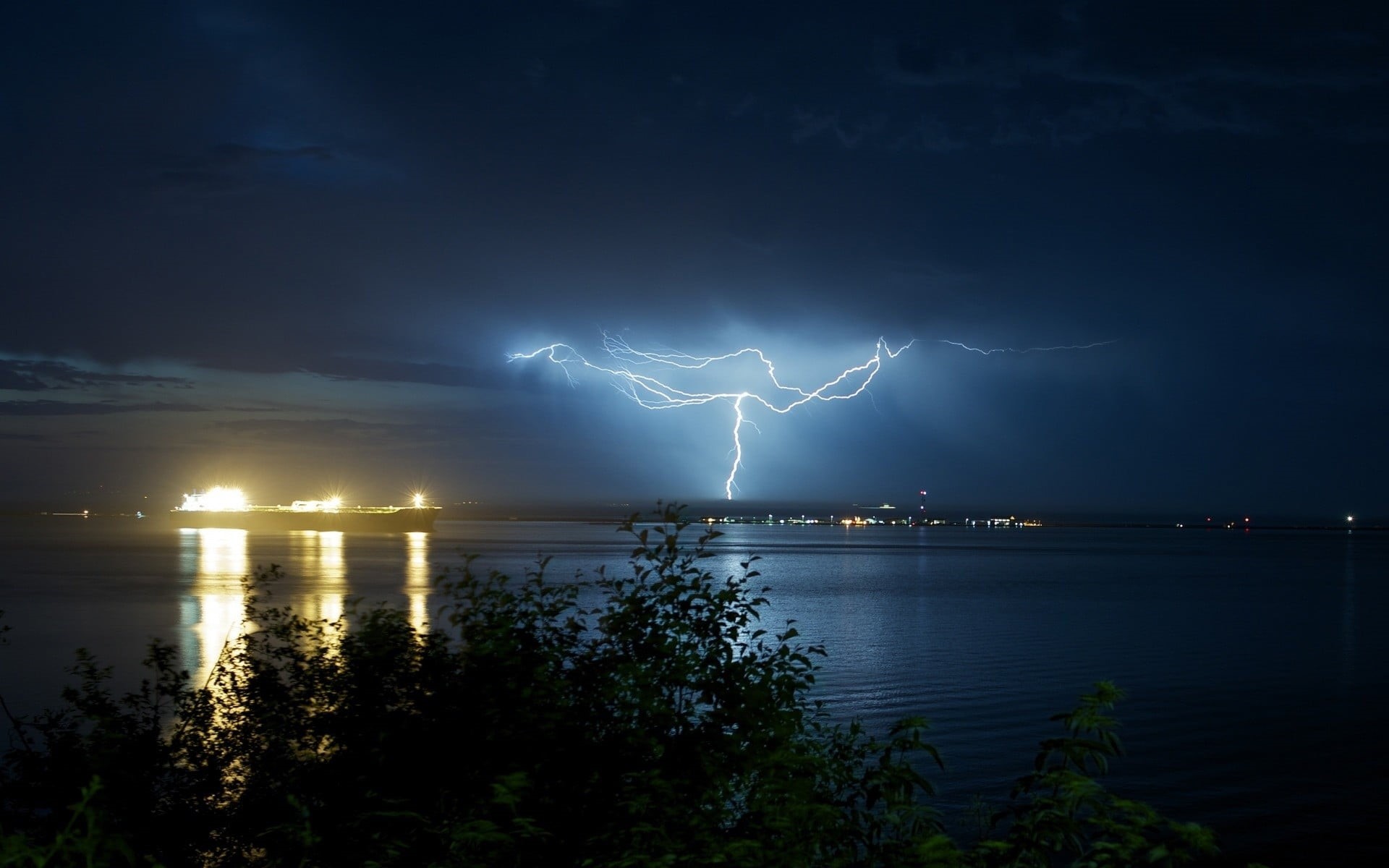 reflection, no people, blue, outdoors, ship, 1080P, landscape, night, illuminated, power, storm, electricity, storm cloud, beauty in nature, water, forked lightning, HD Wallpaper