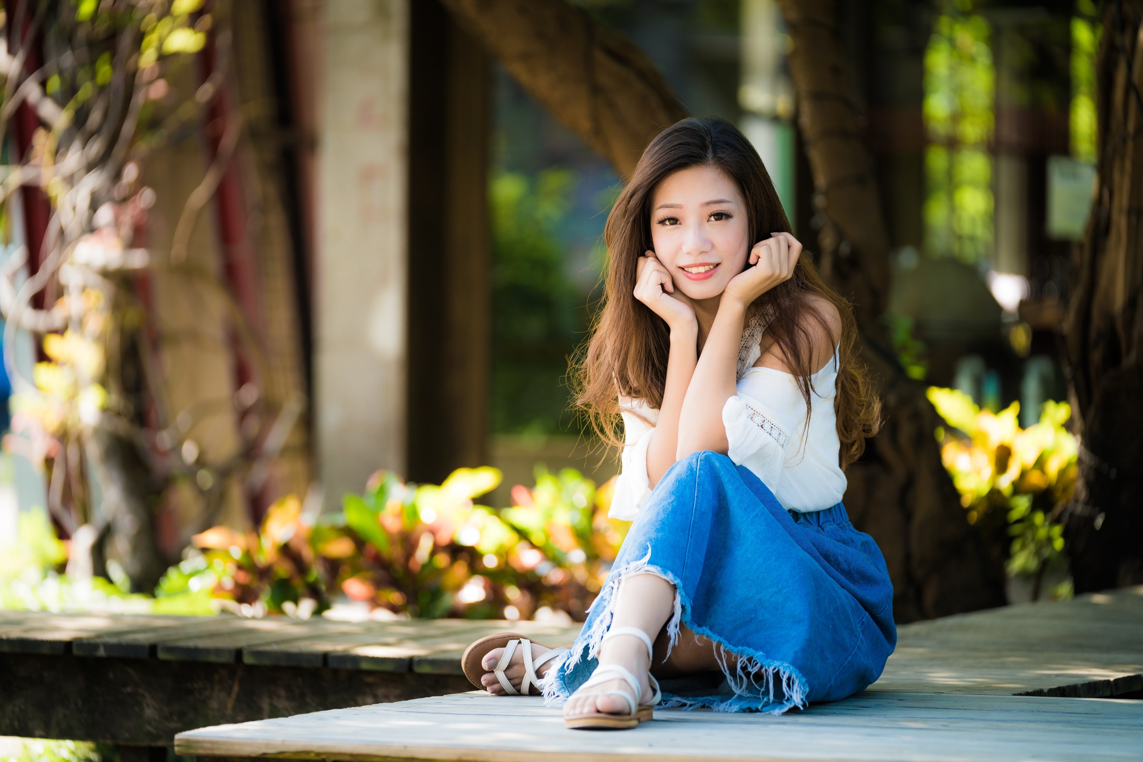 day, sandals, full length, innocence, childhood, portrait, casual clothing, lifestyles, real people, sitting, long skirt, long hair, smiling, looking at camera, HD Wallpaper