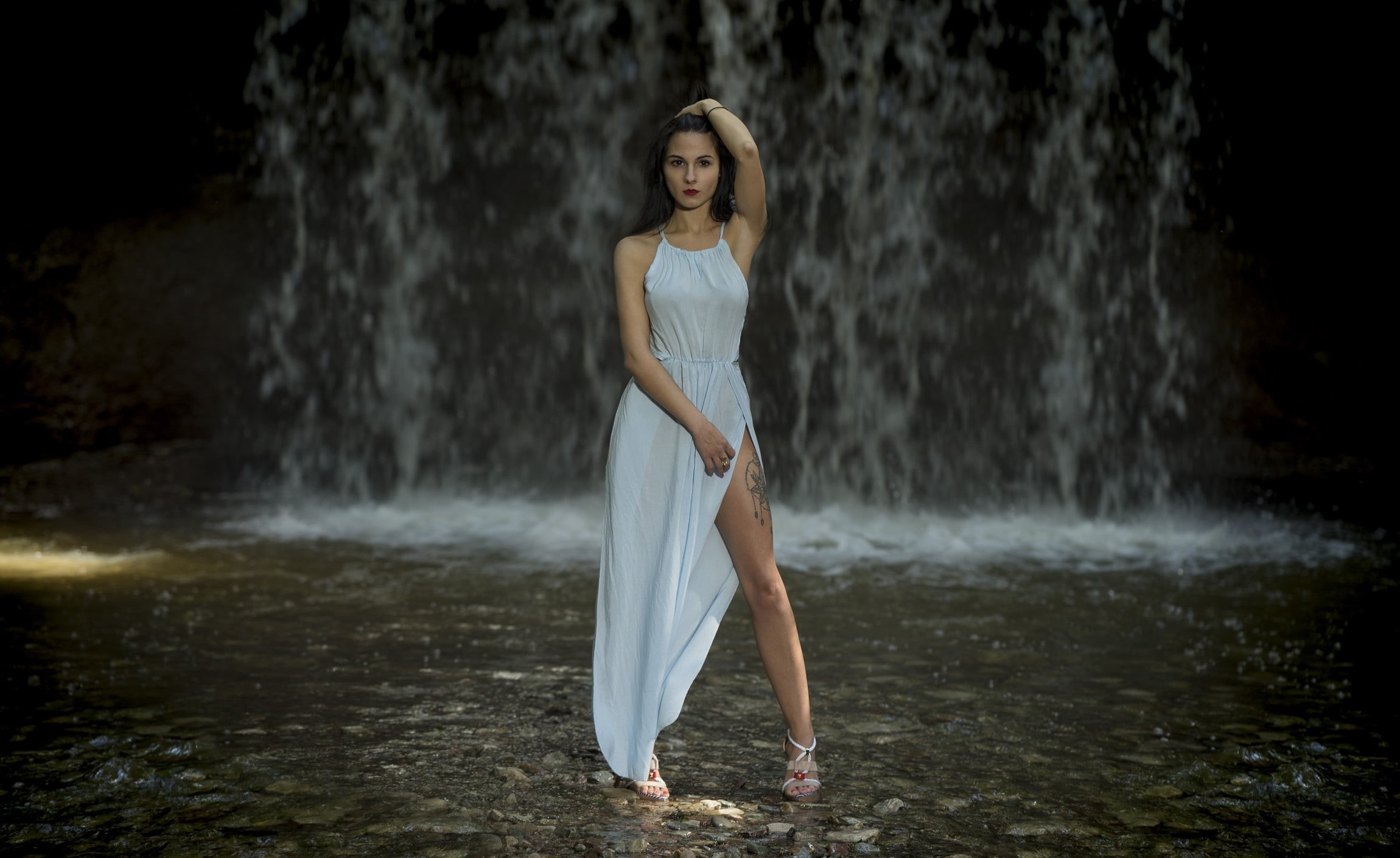 one person, water, women outdoors, model, portrait, dark, clothing, beautiful woman, women, beauty, 1080P, looking at viewer, dress, tattoo, depth of field, HD Wallpaper