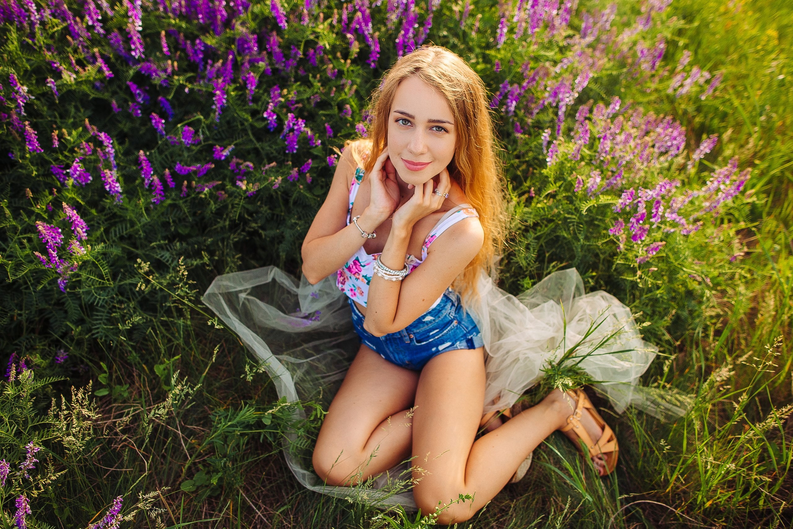 purple, flower, flowering plant, outdoors, smiling, women, looking at camera, sandals, 2K, lifestyles, beautiful woman, portrait, hair, long hair, young women, HD Wallpaper