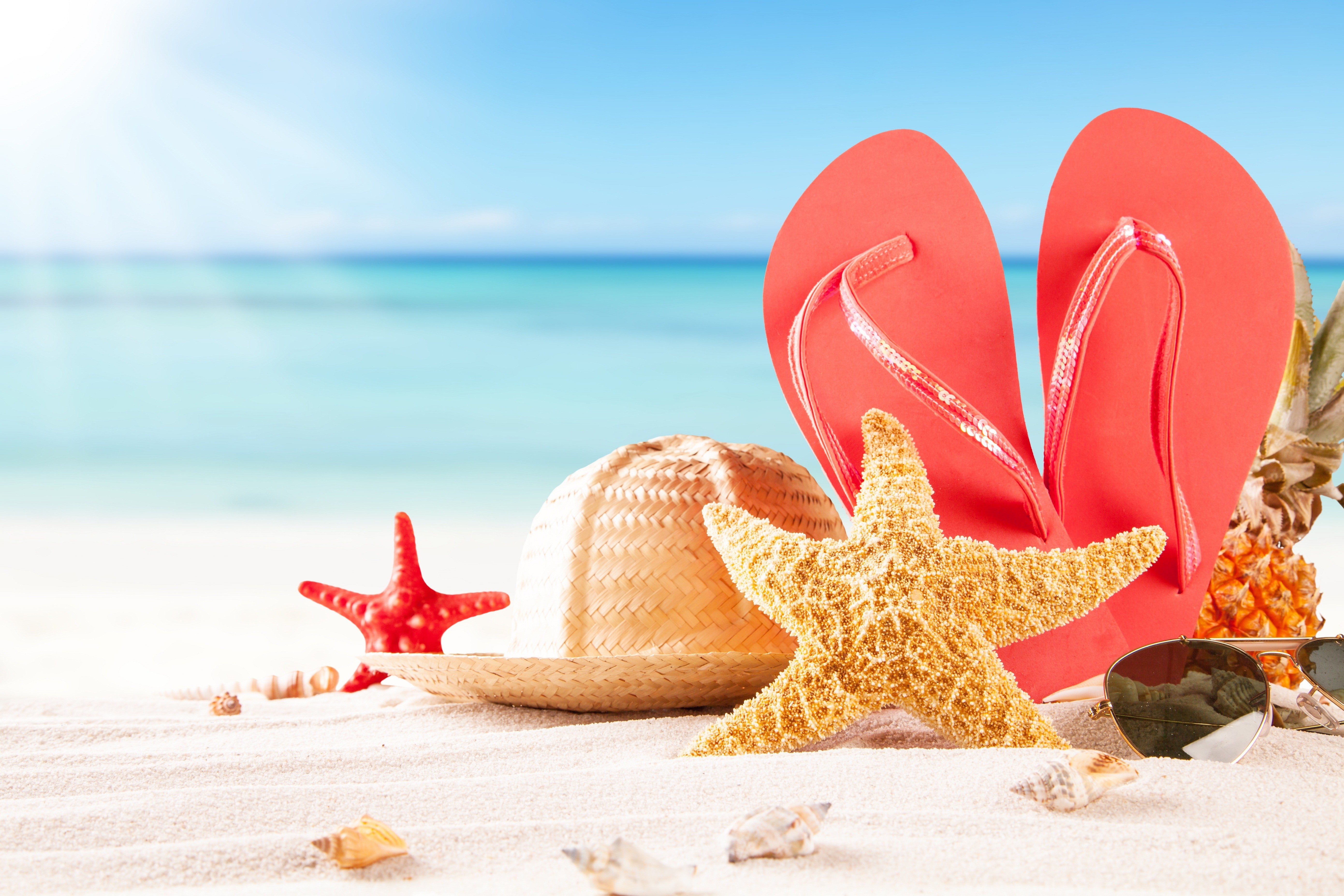 hat, seastar, sand, sandals, 5K, beach, pineapples, HD Wallpaper