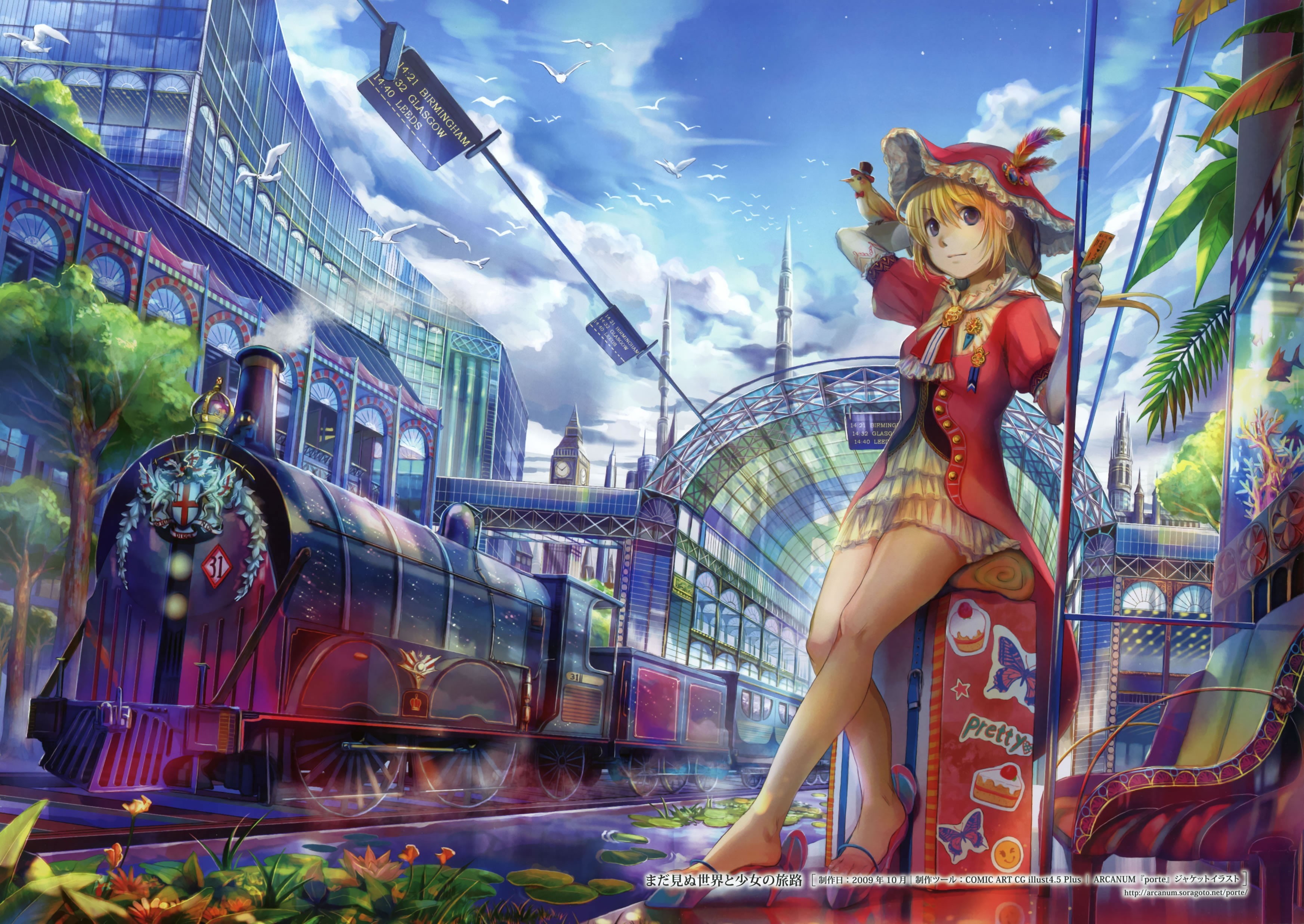 short hair, brown eyes, anime girls, blonde, train, original characters, anime, birds, 2K, sandals, train station, bench, Fuji Choko, clouds, HD Wallpaper