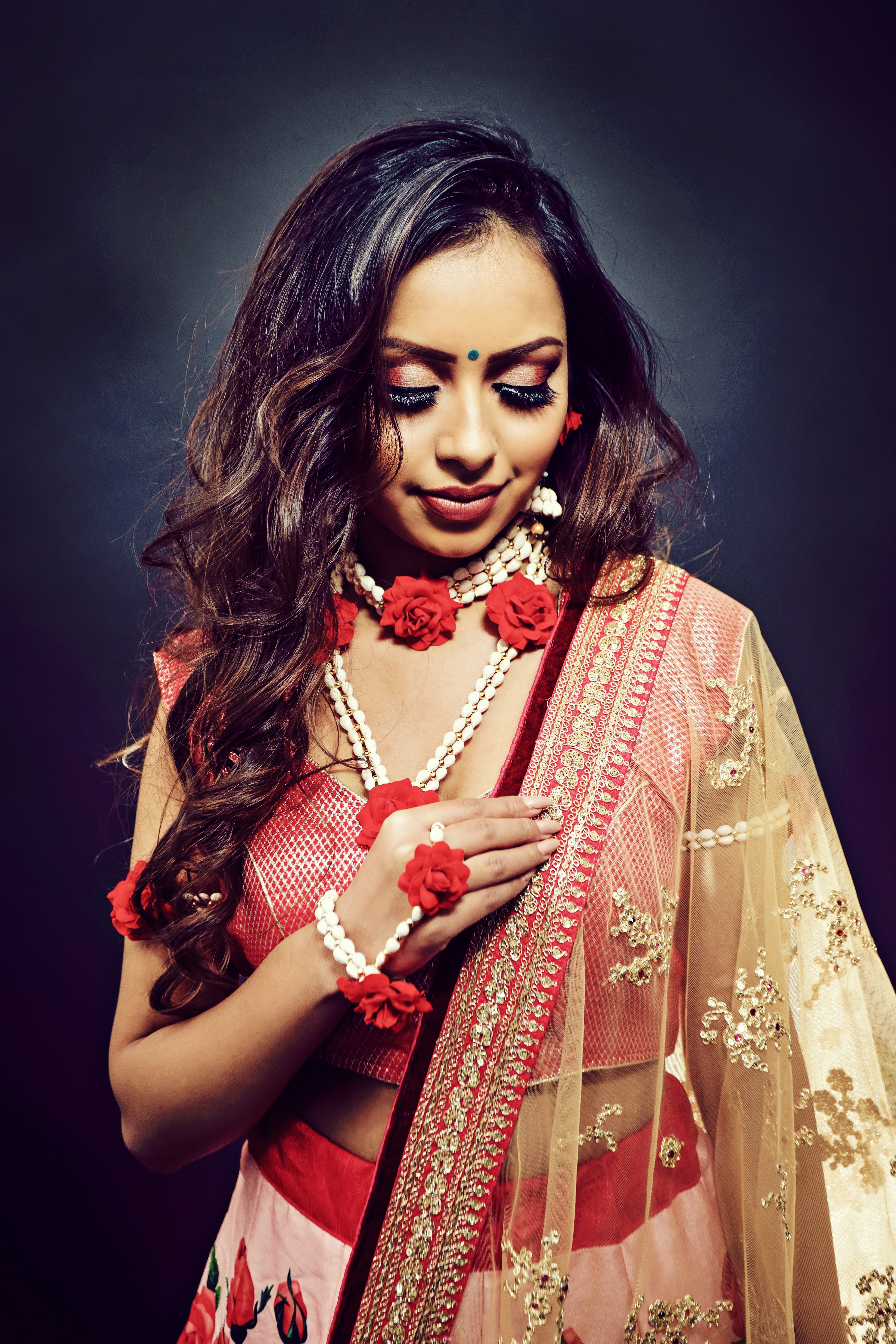 black background, necklace, make-up, saree, indian, one person, women, beauty, beautiful woman, clothing, studio shot, wedding, bride, model, traditional clothing, Phone HD Wallpaper