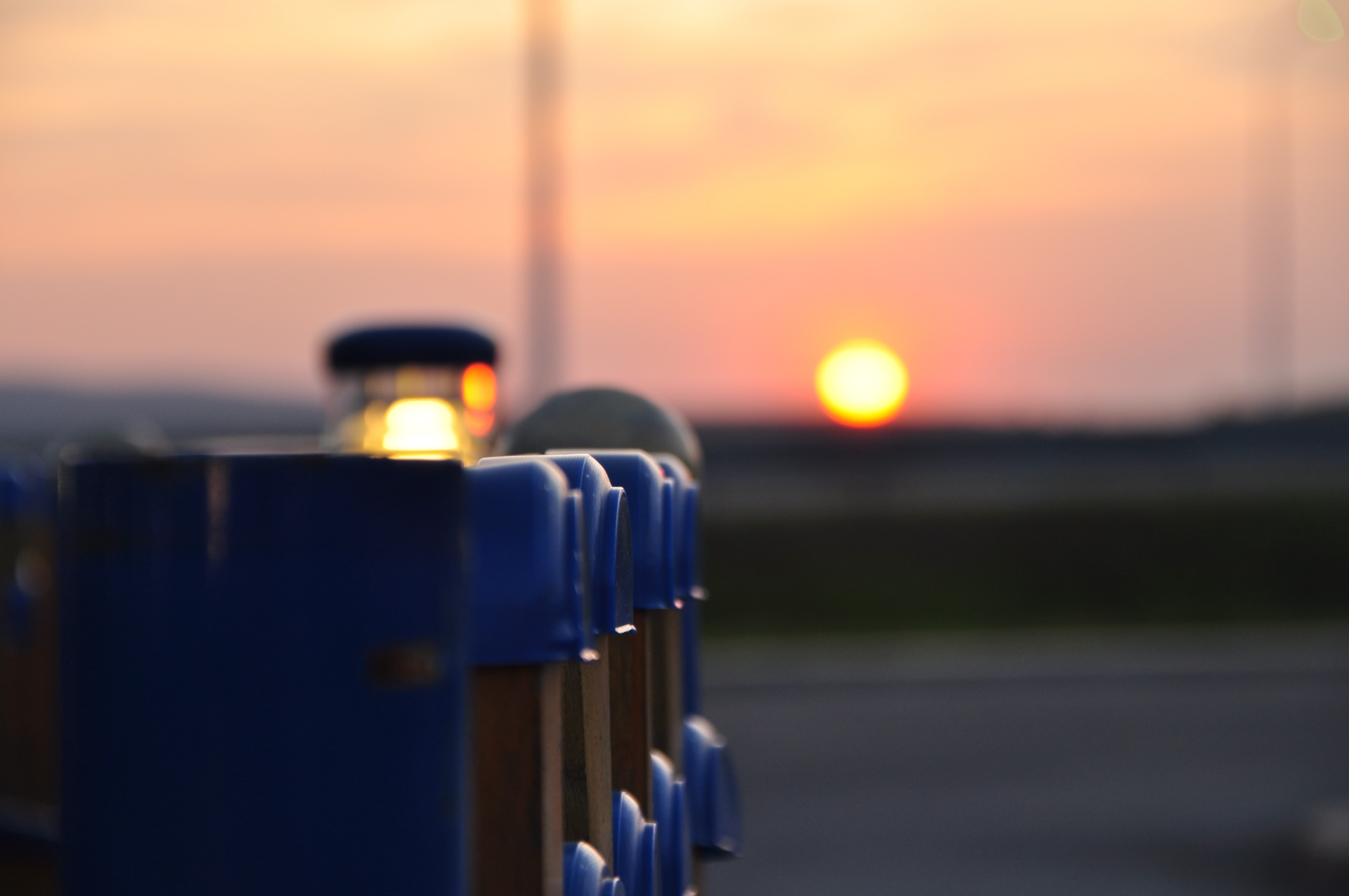 close-up, outdoors, safety, security, sky, road, selective focus, no people, transportation, in a row, 4K, orange color, sun, protection, railing, nature, HD Wallpaper