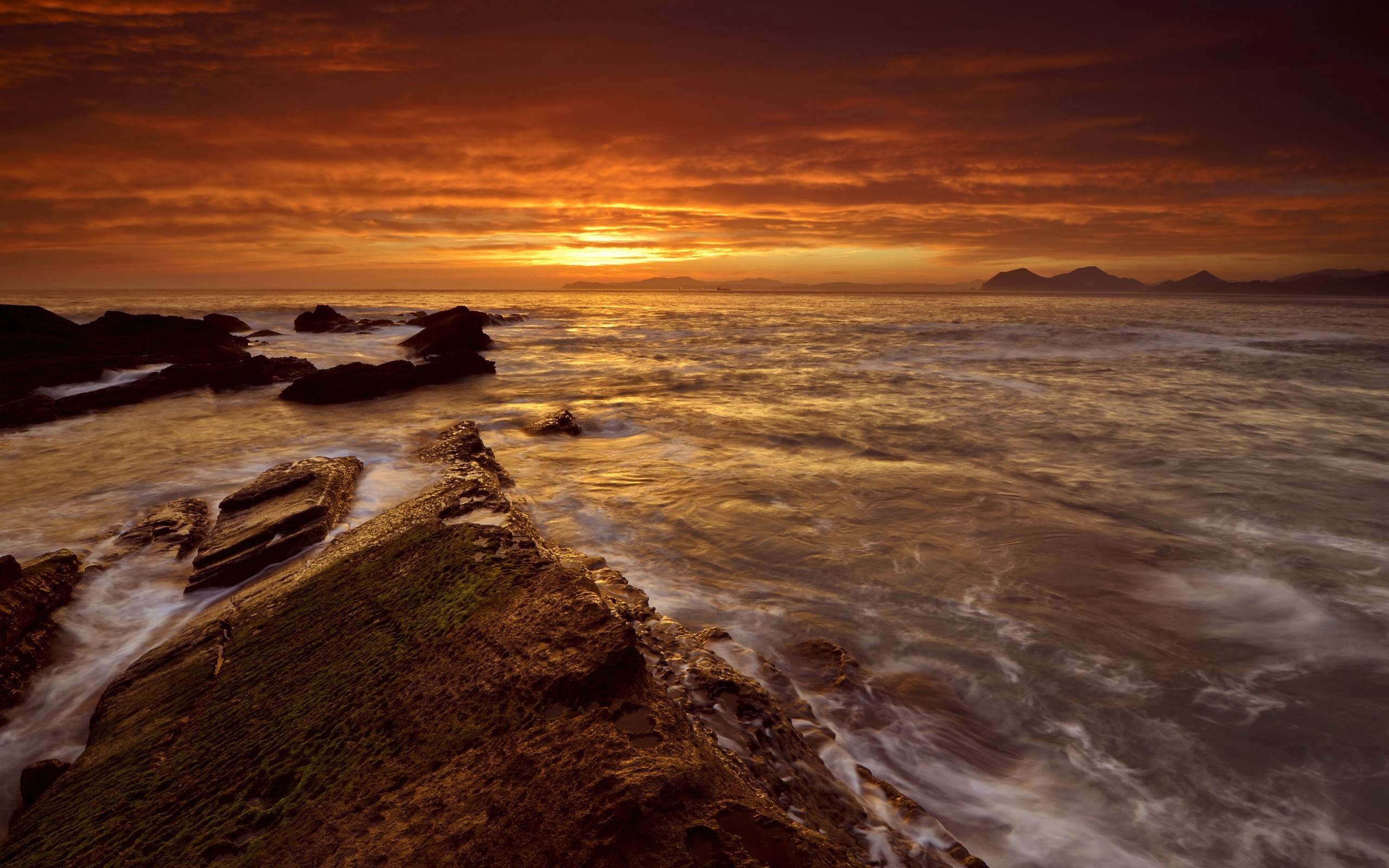 morning, orange color, stony, waters Edge, cloud - Sky, landscape, dusk, cloudscape, horizon Over Water, sky, coastline, seascape, blue, water, protected, HD Wallpaper