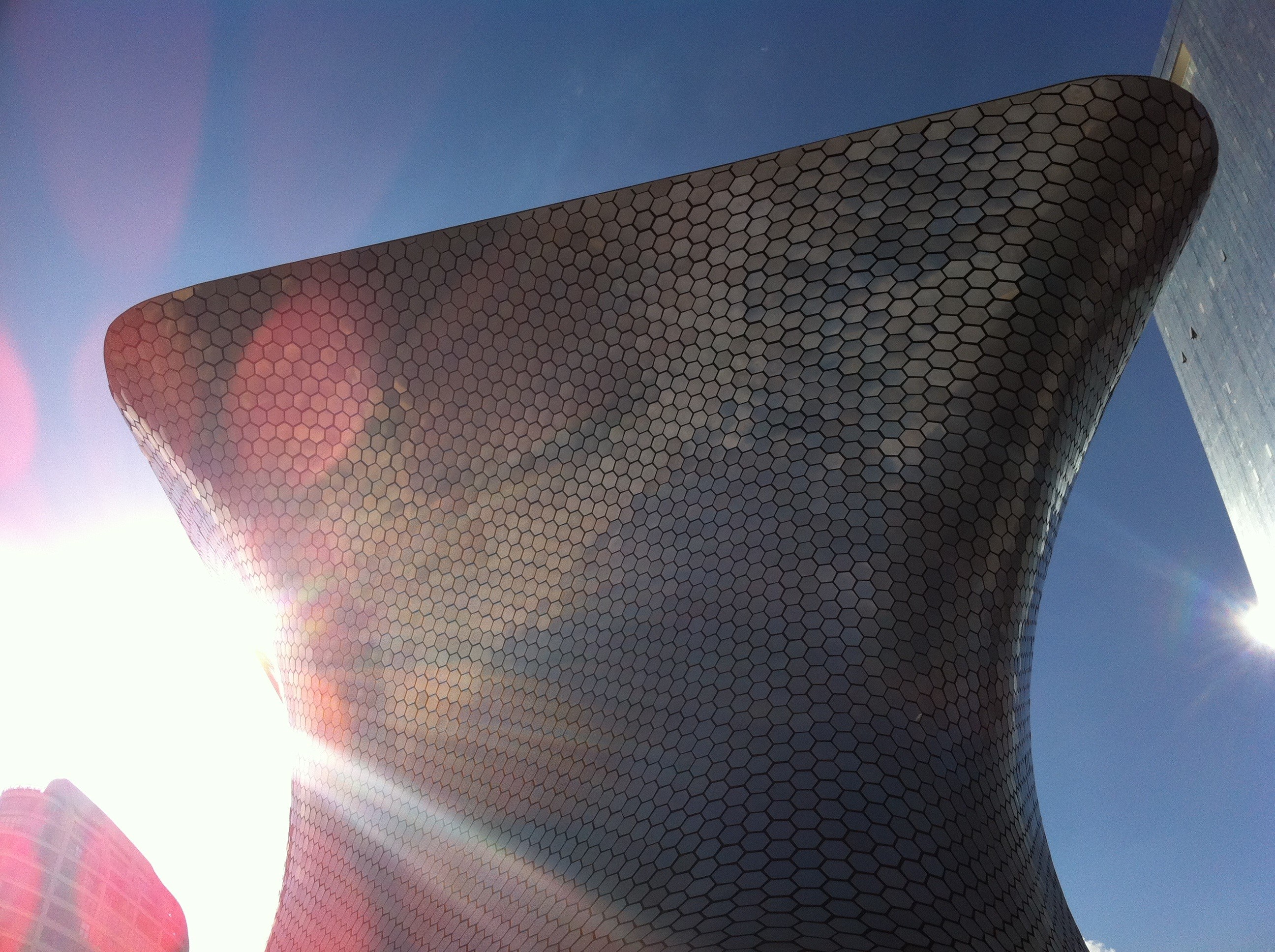 mexico, wall - building feature, security, chapultepec, museum, sunlight, sky, sunset, day, blue, museo soumaya, 2K, tourism, close-up, nature, low angle view, HD Wallpaper